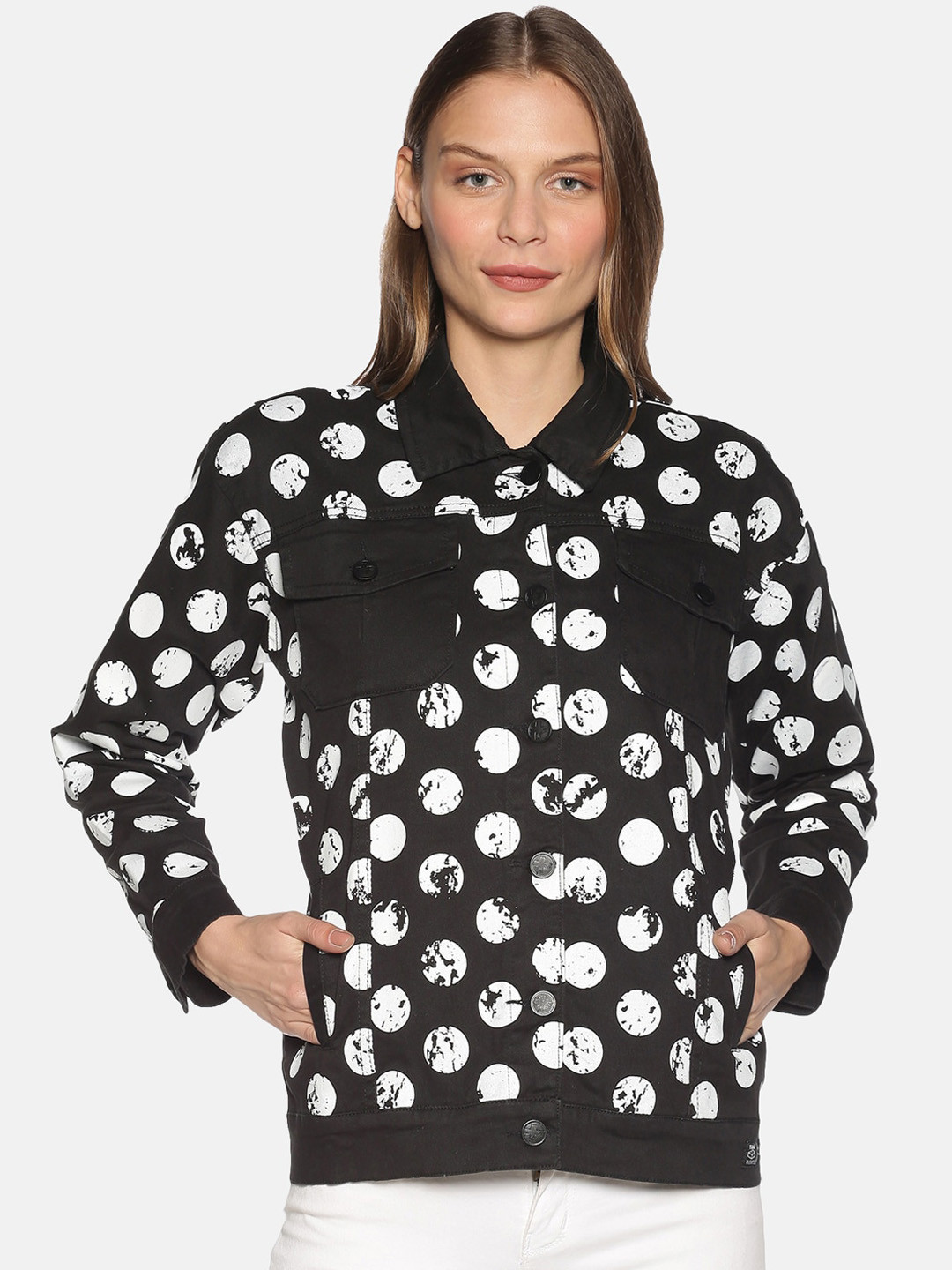

KULTPRIT Geometric Printed Lightweight Crop Denim Jacket, Black