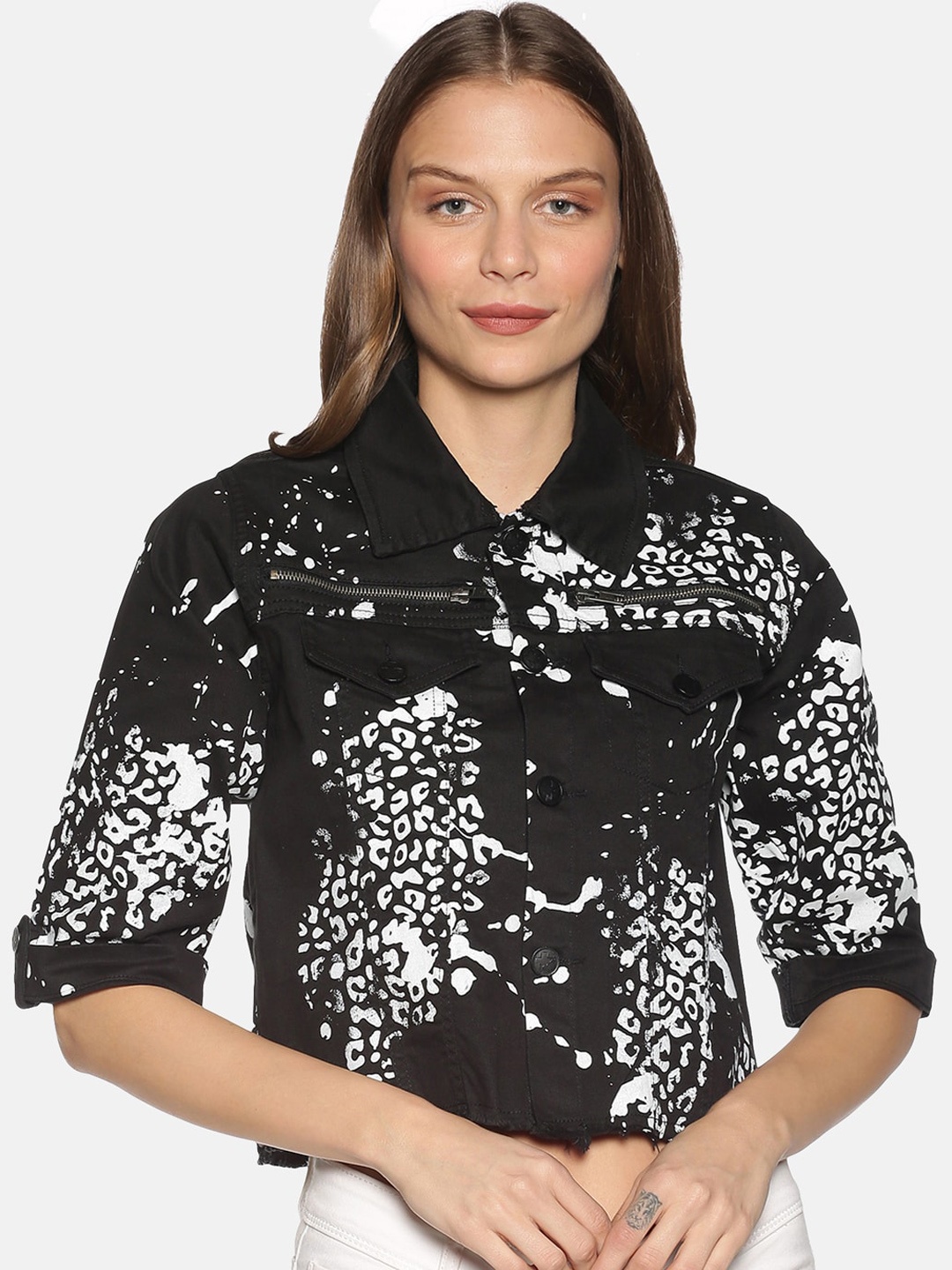 

KULTPRIT Abstract Printed Lightweight Crop Tailored Jacket, Black