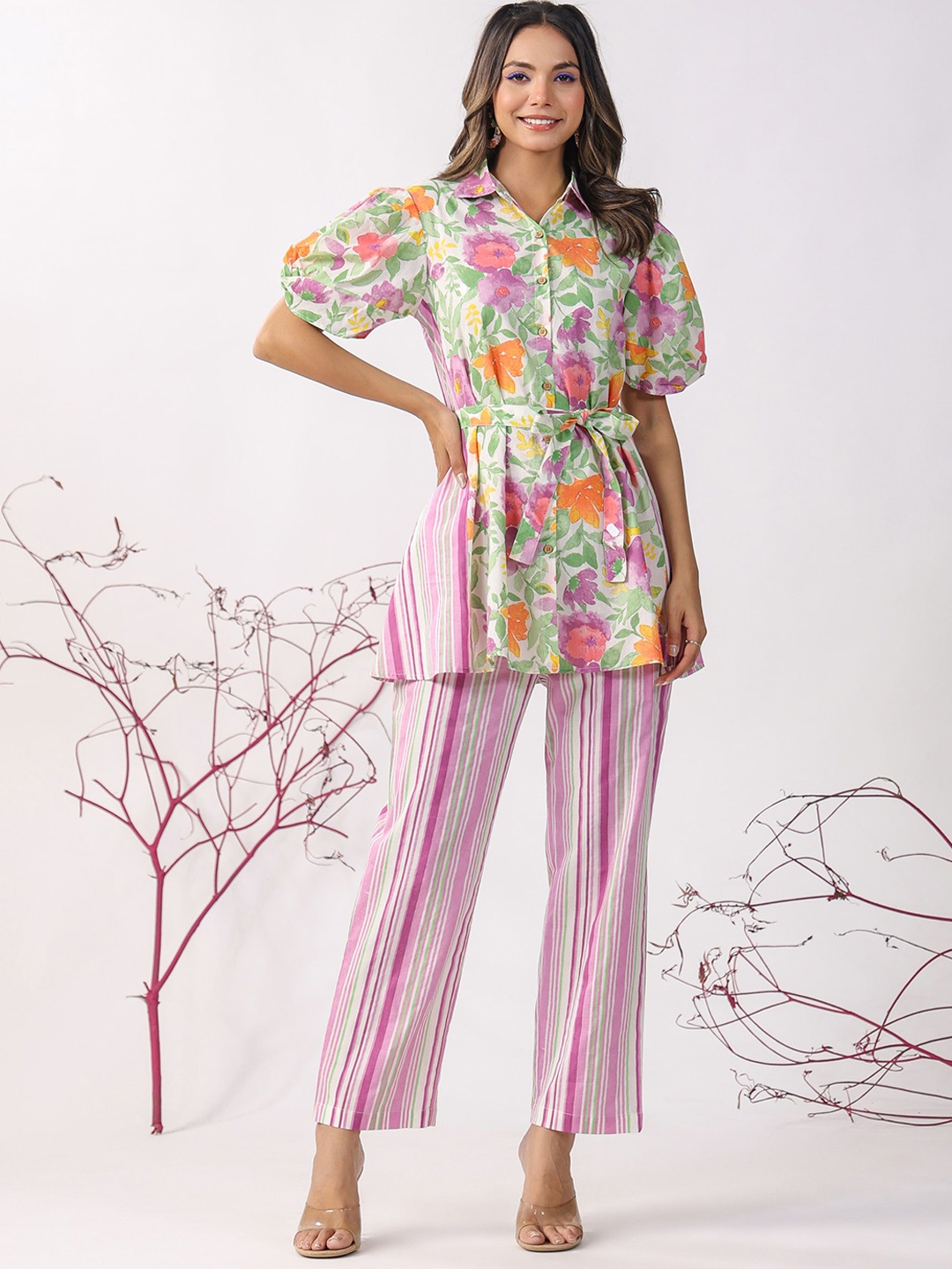 

JISORA Printed Pure Cotton Shirt-Collar Tunic With Striped Trousers, Green
