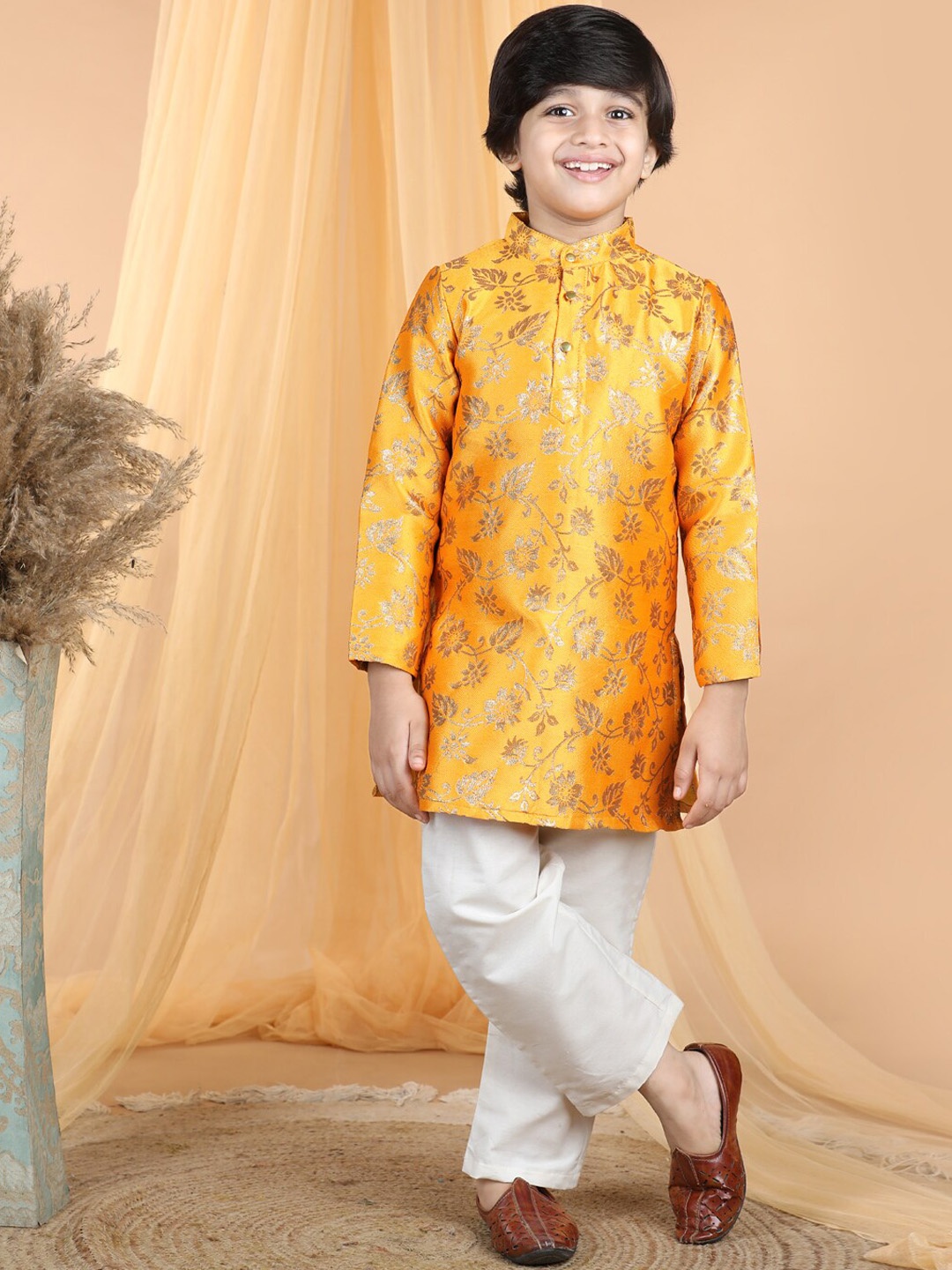 

Cutiekins Boys Ethnic Motifs Woven Design Straight Kurta With Pyjamas, Mustard