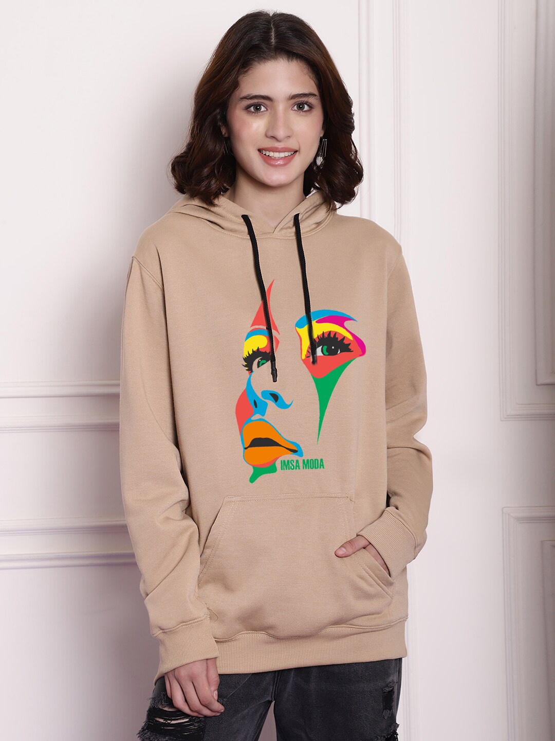 

Imsa Moda Graphic Printed Hooded Fleece Pullover, Beige