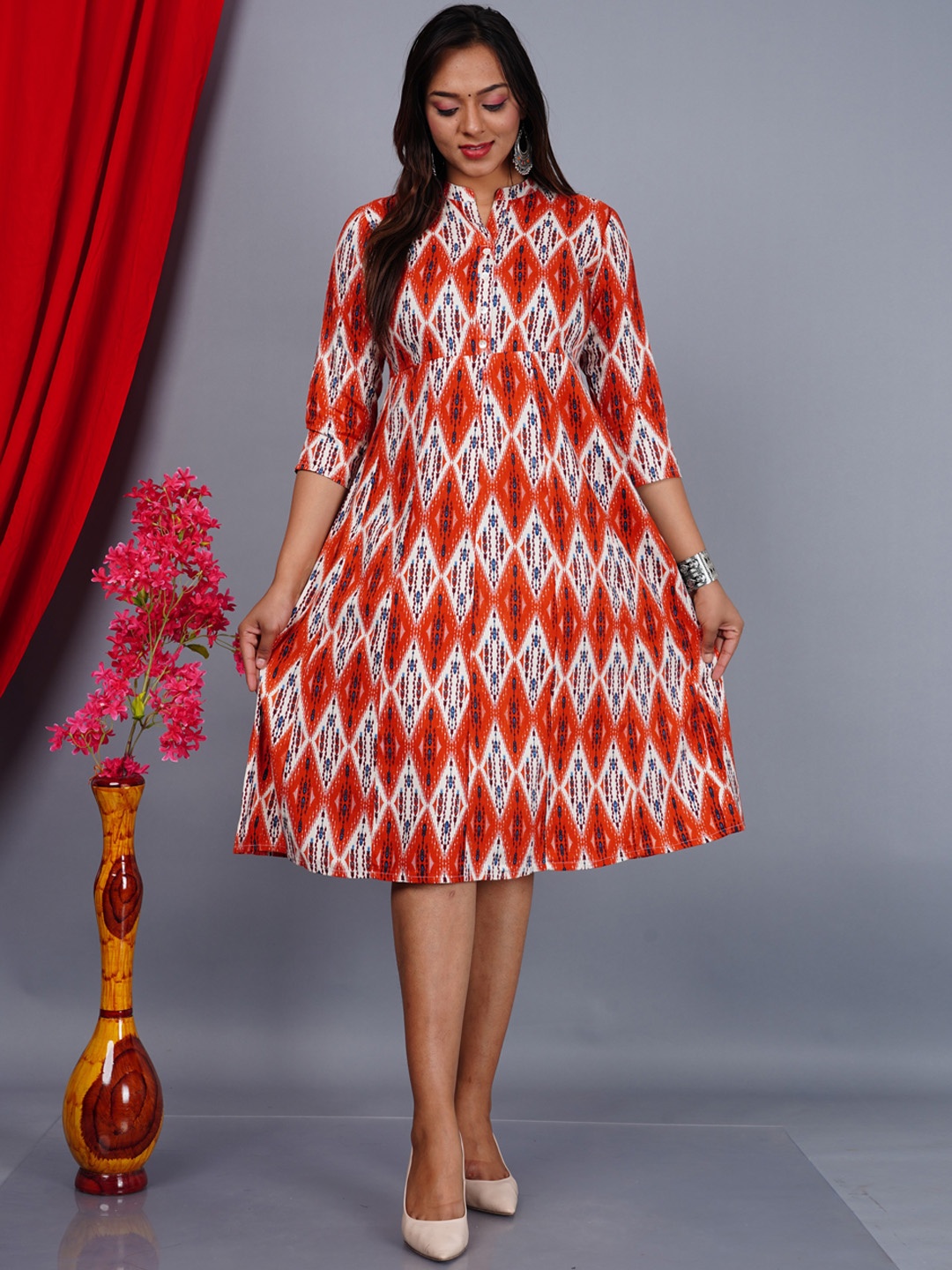 

AAYUMI Geometric Printed Mandarin Collar Fit and Flare Midi Ethnic Dress, Red