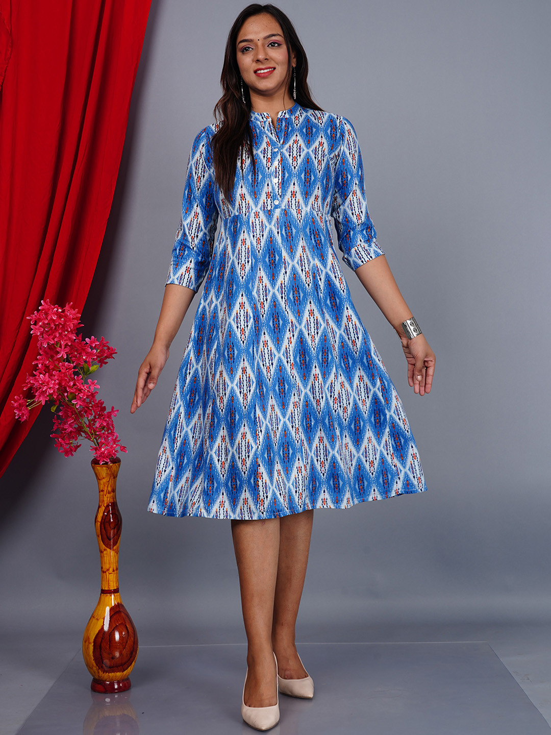 

AAYUMI Geometric Printed Mandarin Collar Fit and Flare Midi Dress, Blue