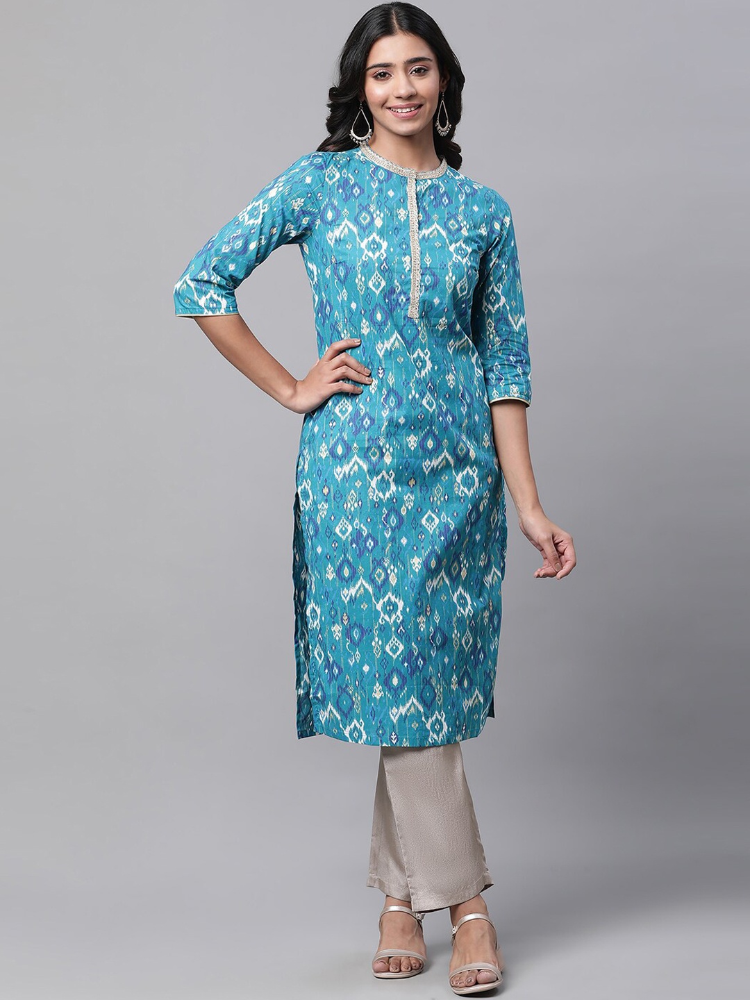 

AURELIA Ethnic Motif Printed Pure Cotton Straight Kurta, Blue