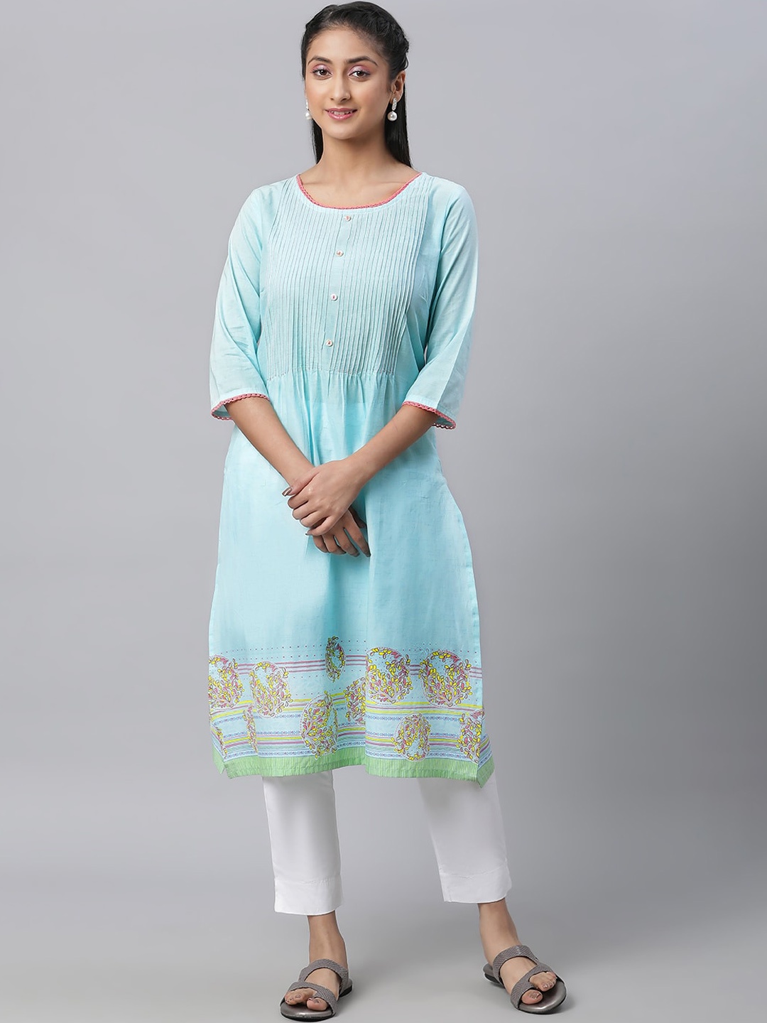 

AURELIA Pleated Pure Cotton Straight Kurta, Blue