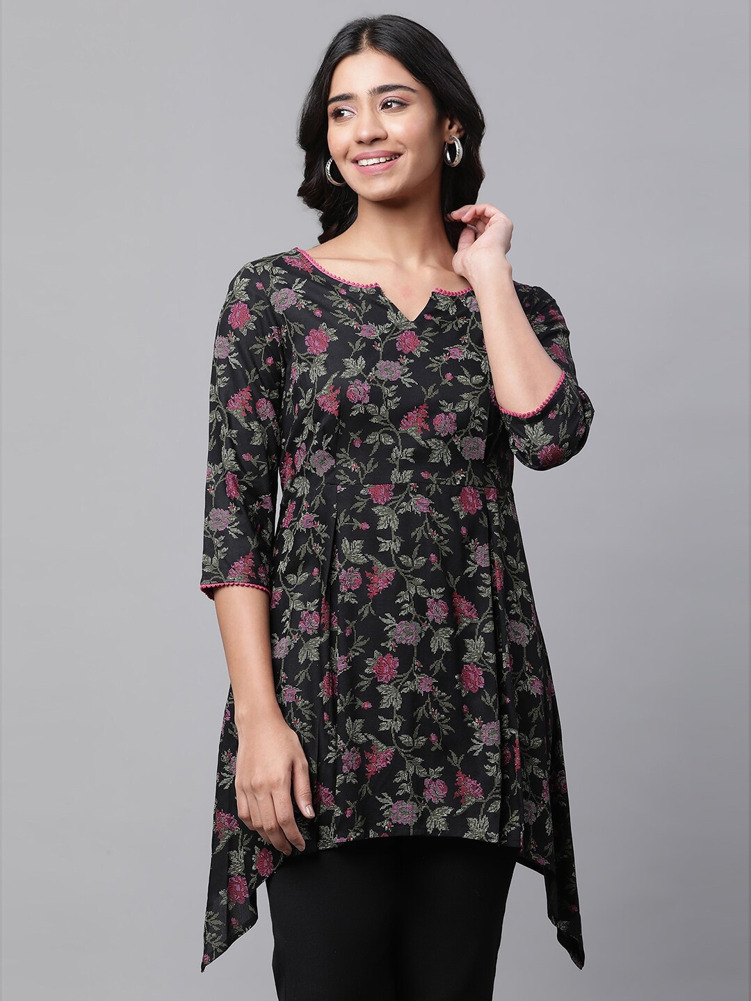 

AURELIA Floral Printed A-Line Kurti, Black