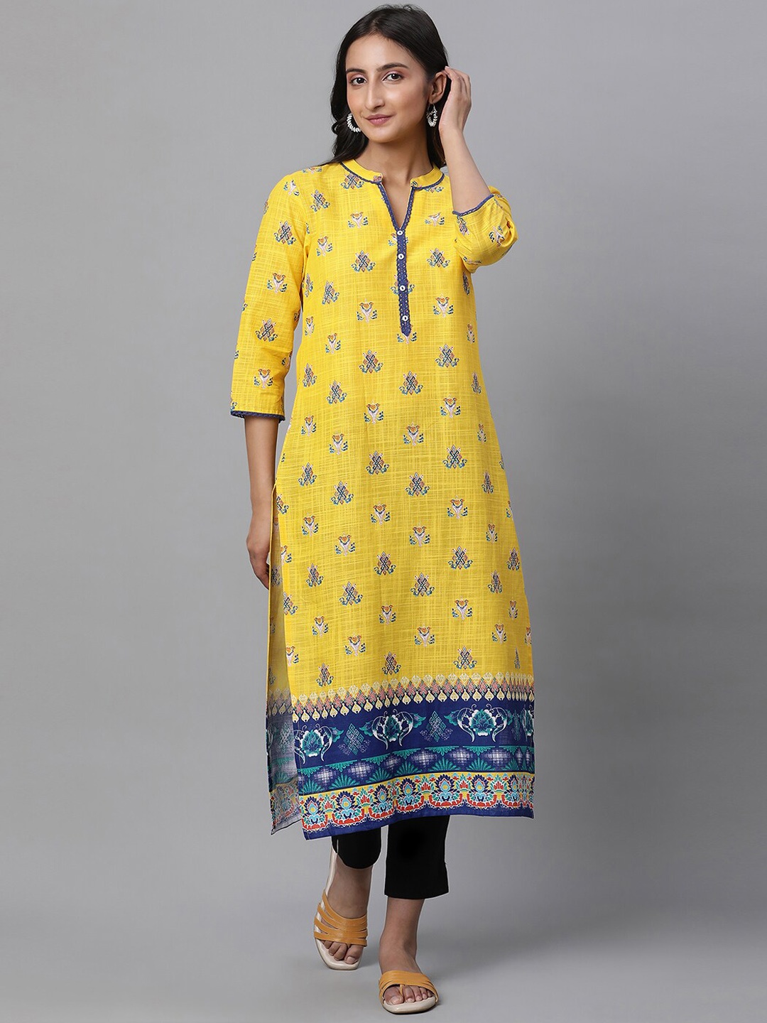 

AURELIA Ethnic Motifs Printed Straight Regular Pure Cotton Kurta, Yellow