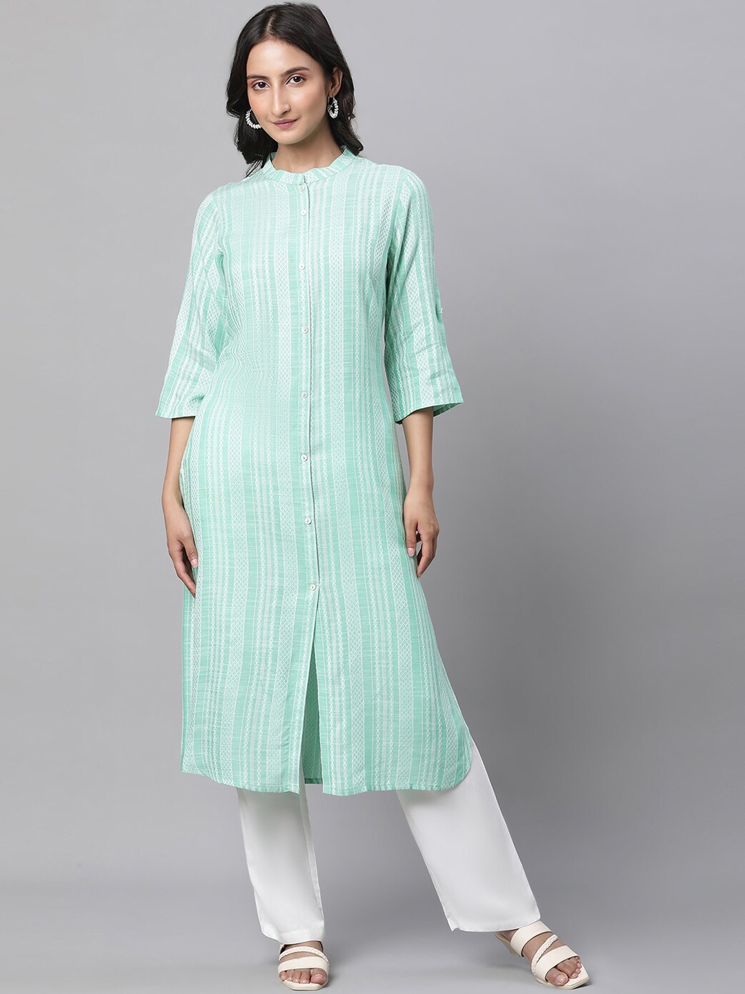 

AURELIA Striped Mandarin Collar A-Line Kurta, Green