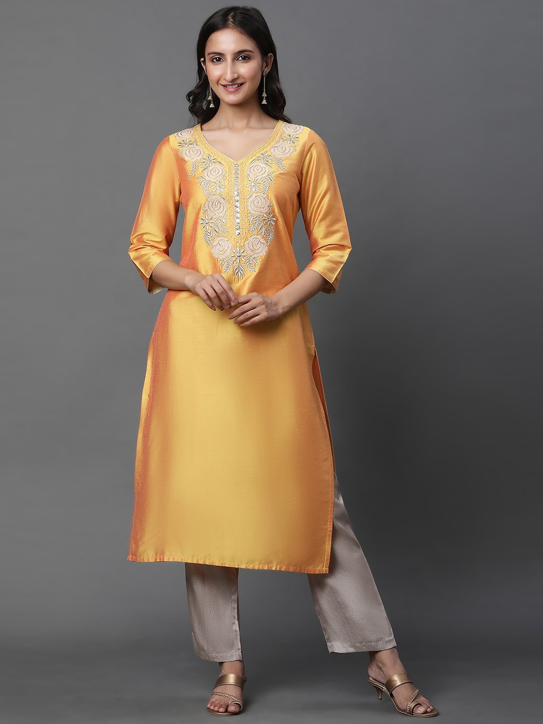

AURELIA Floral Yoke Designed Thread Work Regular Kurta, Yellow
