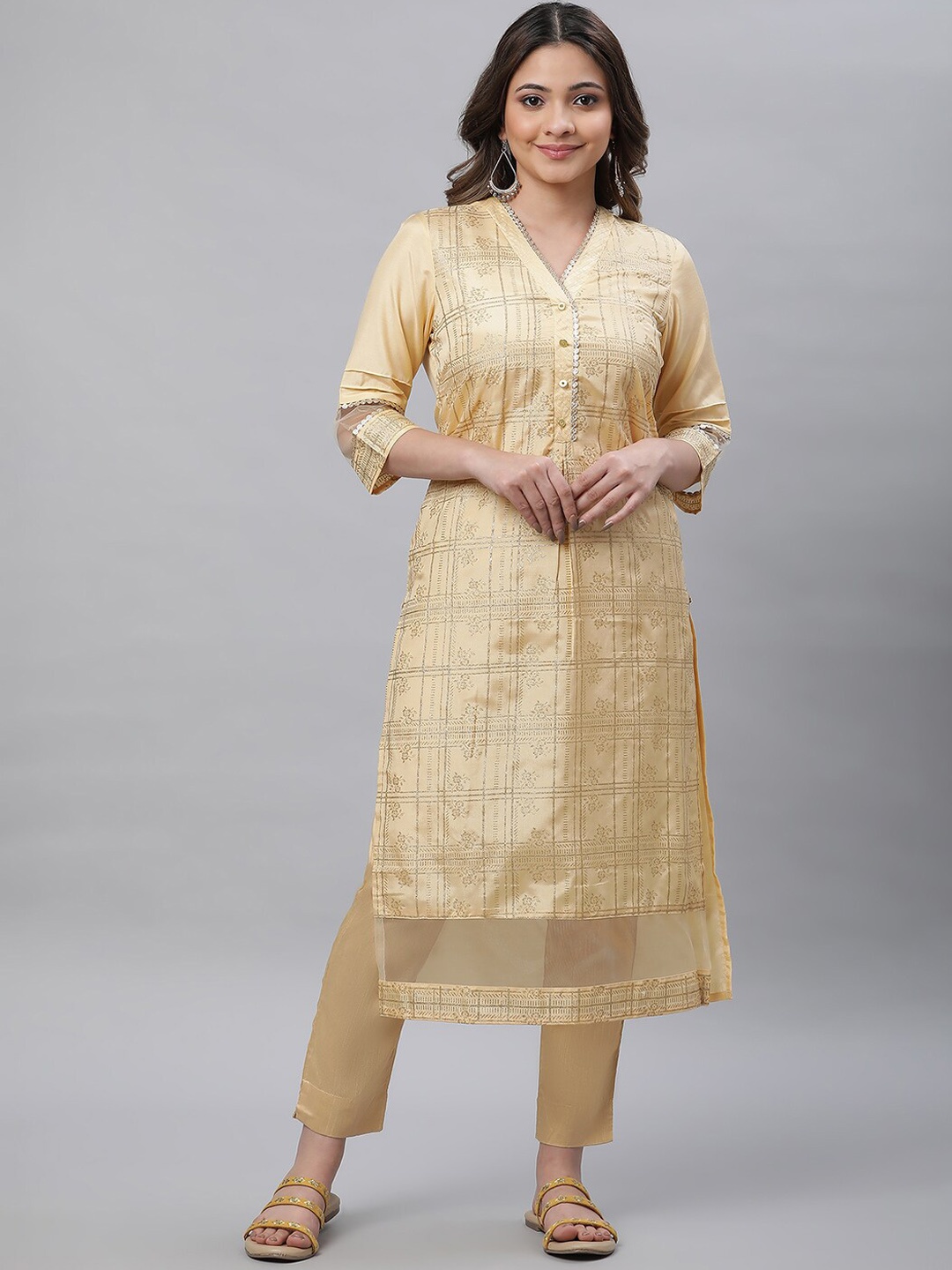 

AURELIA Floral Printed Straight Kurta, Beige