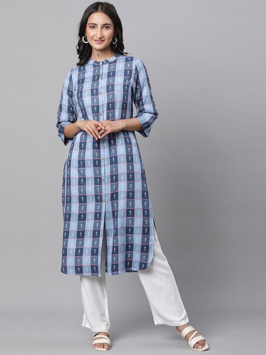 

AURELIA Checked Pure Cotton Thread Work Straight Kurta, Blue