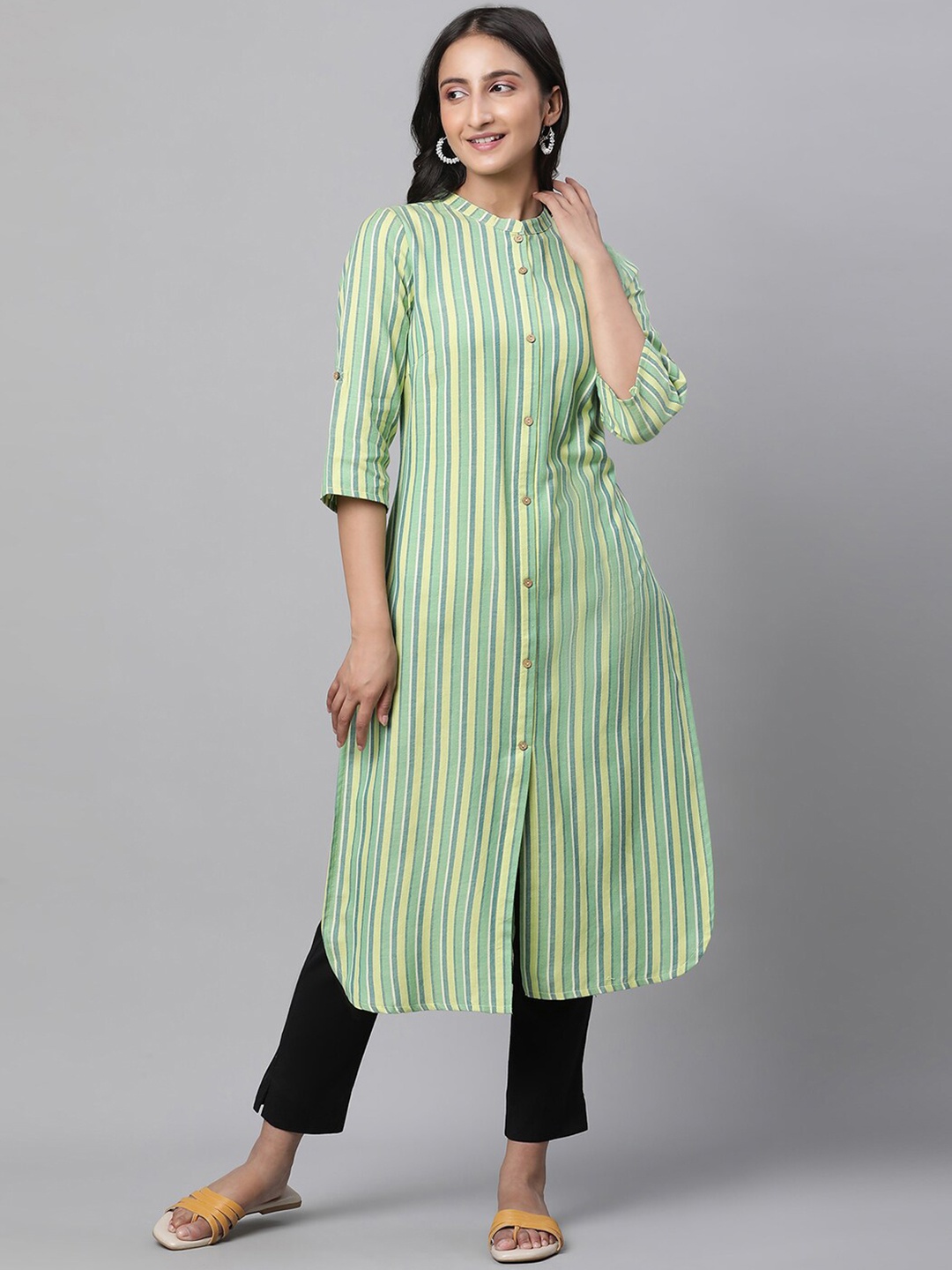 

AURELIA Striped Mandarin Collar Pure Cotton Kurta, Green