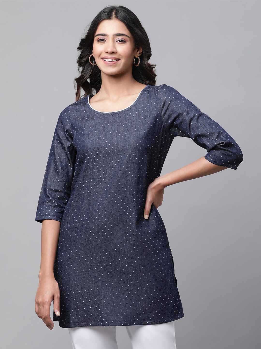 

AURELIA Abstract Embroidered Round Neck Pure Cotton Straight Kurti, Blue