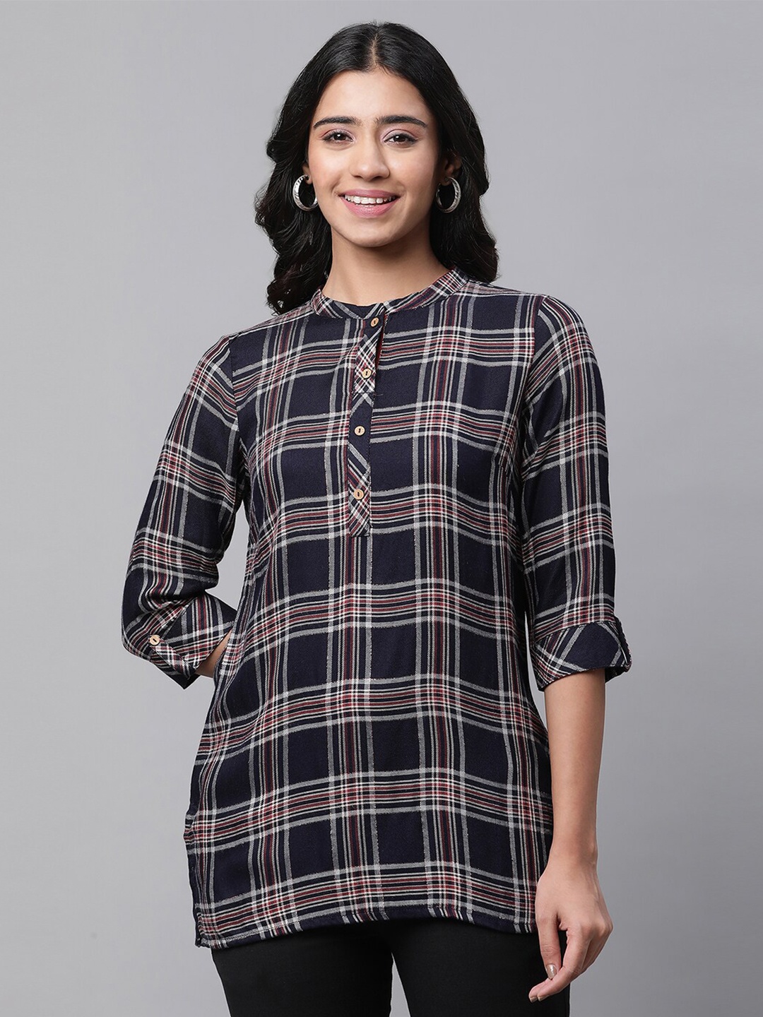 

AURELIA Checked Straight Kurti, Navy blue