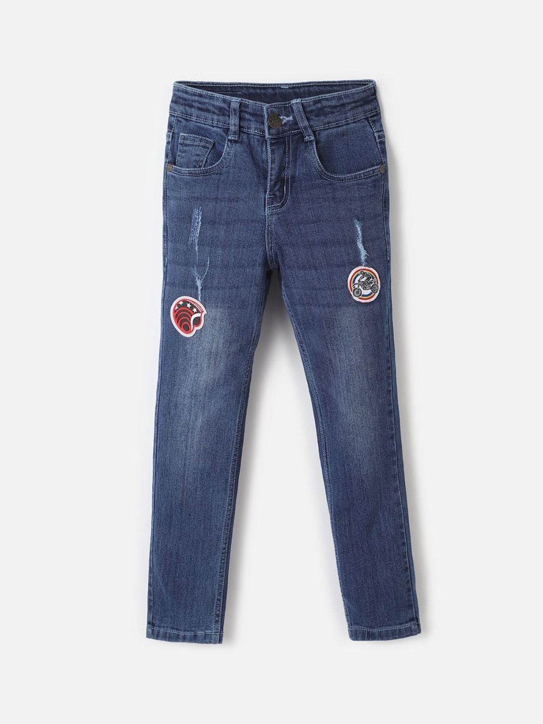 

UrbanMark Boys Slim Fit Low Distress Light Fade Embroidered Stretchable Jeans, Blue