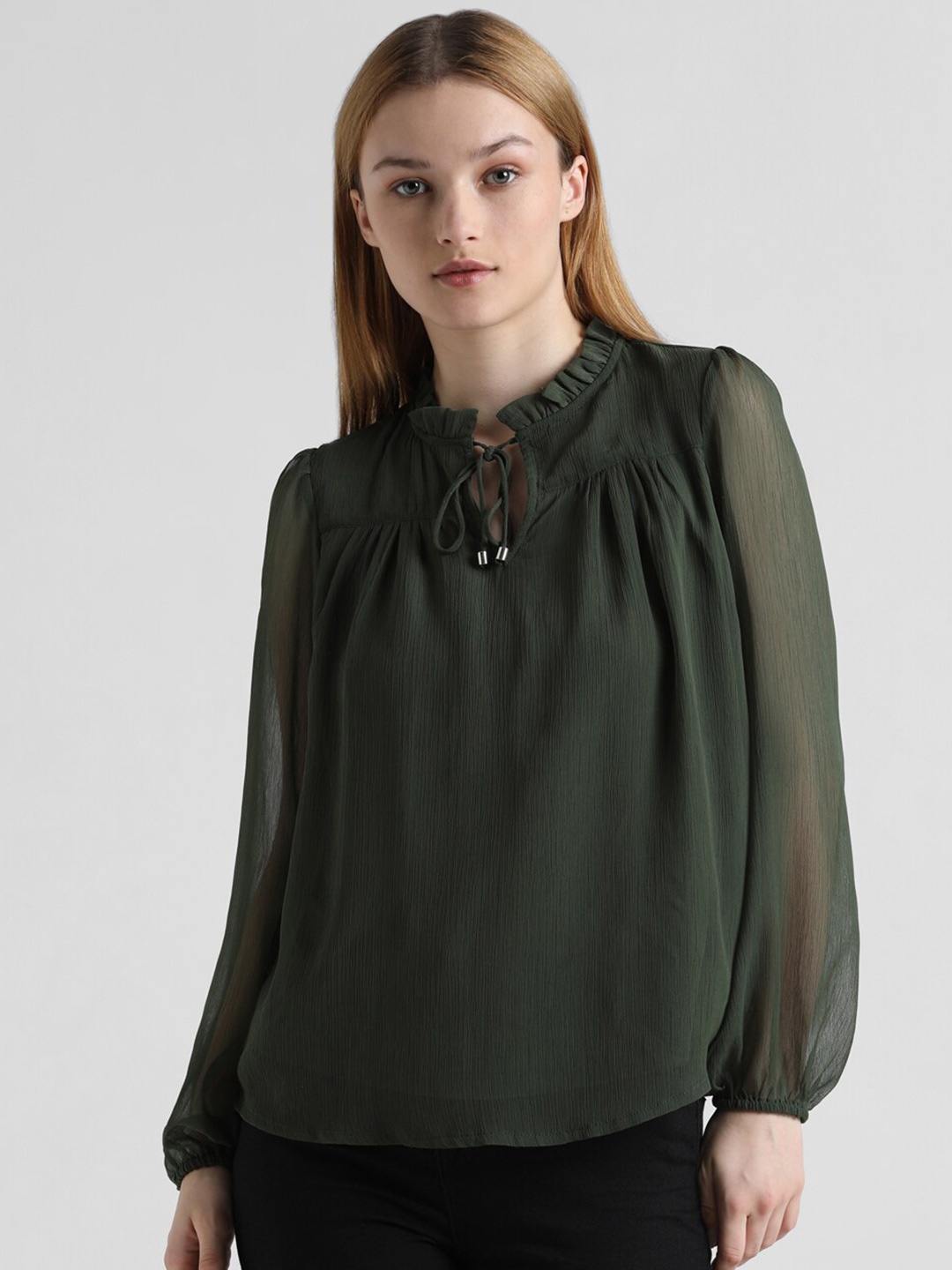 

ONLY Tie-Up Neck Puff Sleeves Top, Green