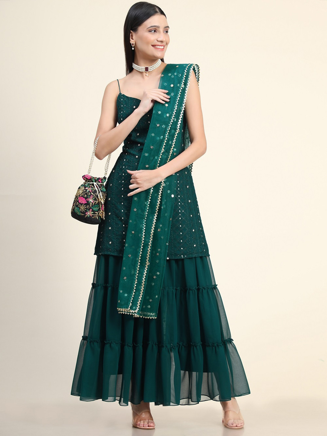

BLACK SCISSOR Ethnic Motifs Embroidered Regular Thread Work Kurti With Sharara & Dupatta, Green