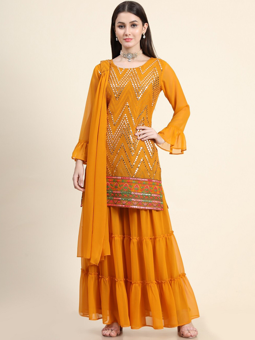 

BLACK SCISSOR Floral Embroidered Regular Kurti With Sharara & Dupatta, Orange