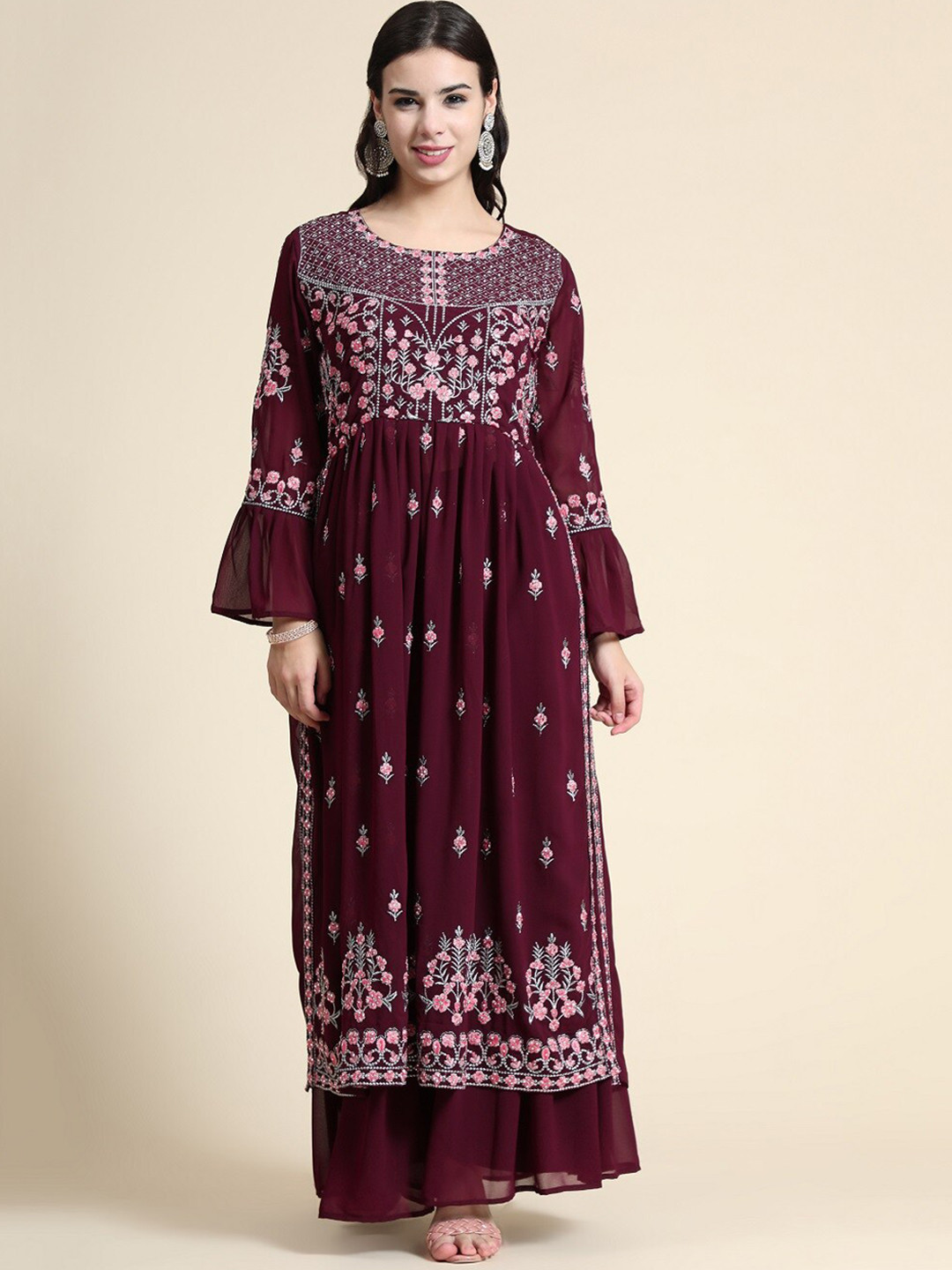 

BLACK SCISSOR Floral Embroidered Regular Kurta With Sharara, Burgundy