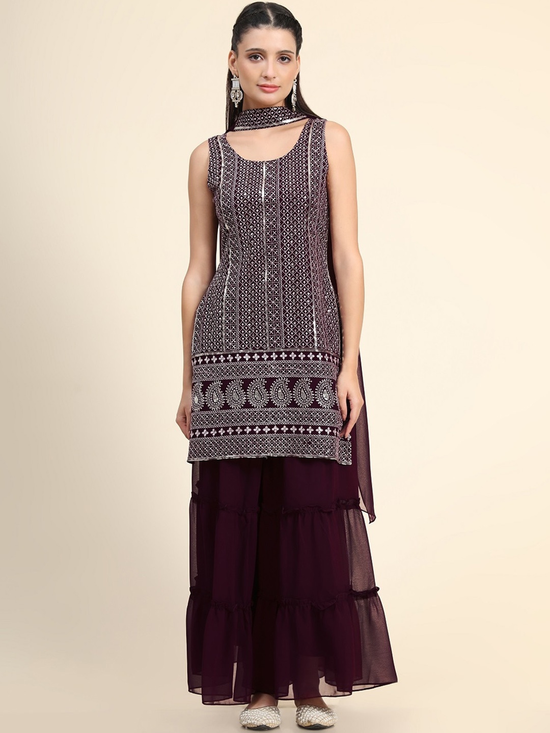 

BLACK SCISSOR Ethnic Motifs Embroidered Round Neck Sequinned Kurta Set With Dupatta, Maroon