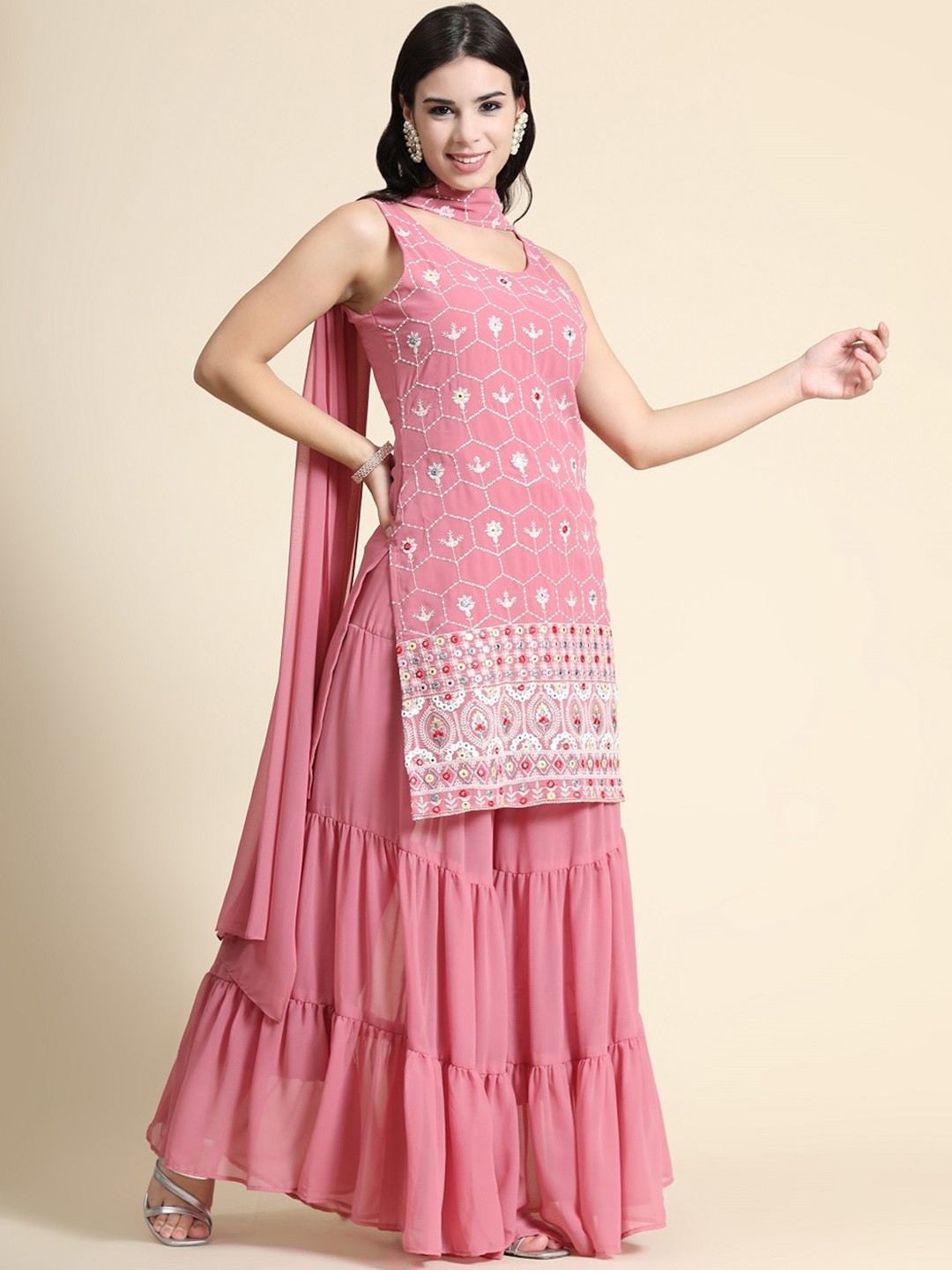 

BLACK SCISSOR Ethnic Motifs Embroidered Round Neck Sequinned Kurta Set With Dupatta, Pink