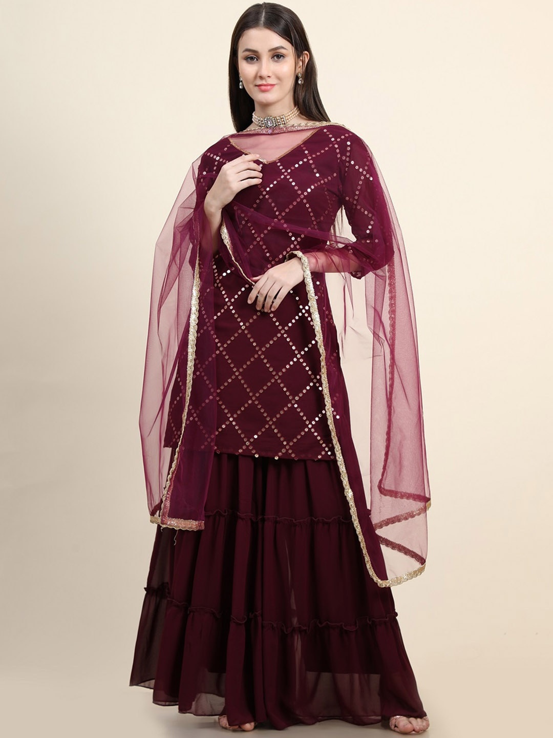 

BLACK SCISSOR Embroidered Regular Sequinned Kurta with Sharara & Dupatta, Burgundy