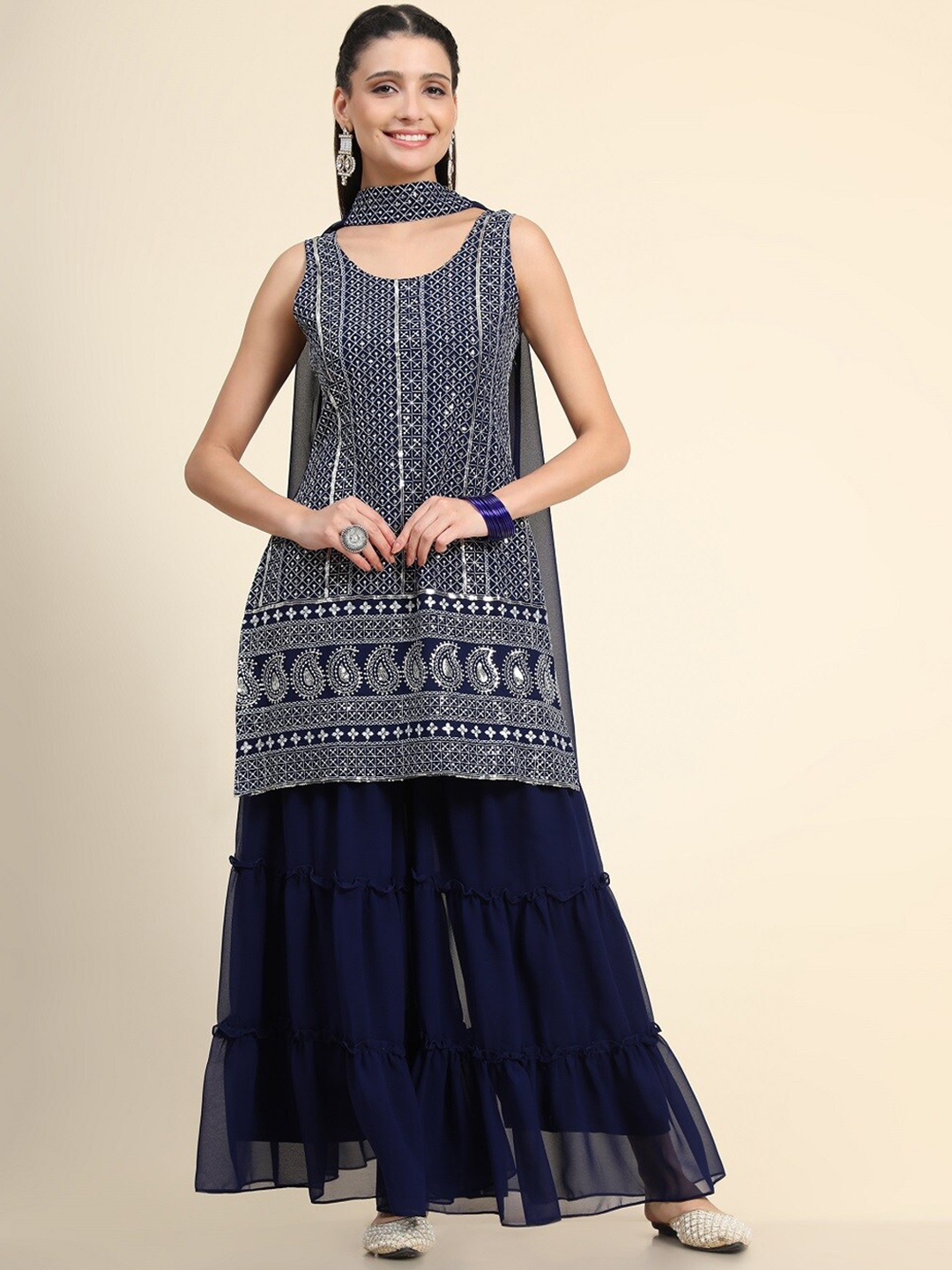 

BLACK SCISSOR Ethnic Motifs Embroidered Sequinned Georgette Kurta with Sharara & Dupatta, Blue