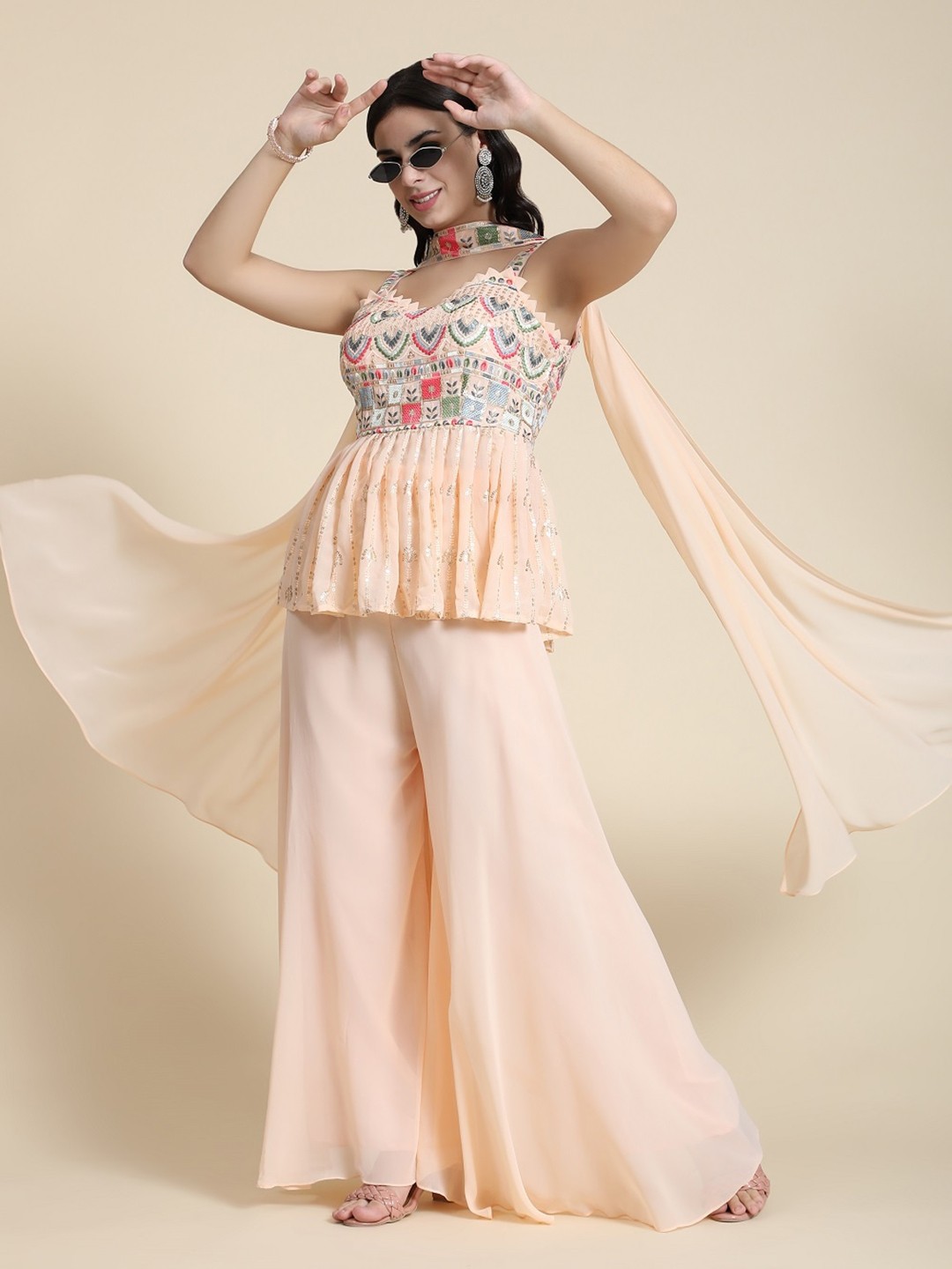 

BLACK SCISSOR Ethnic Motifs Embroidered Empire Top with Sharara & With, Cream