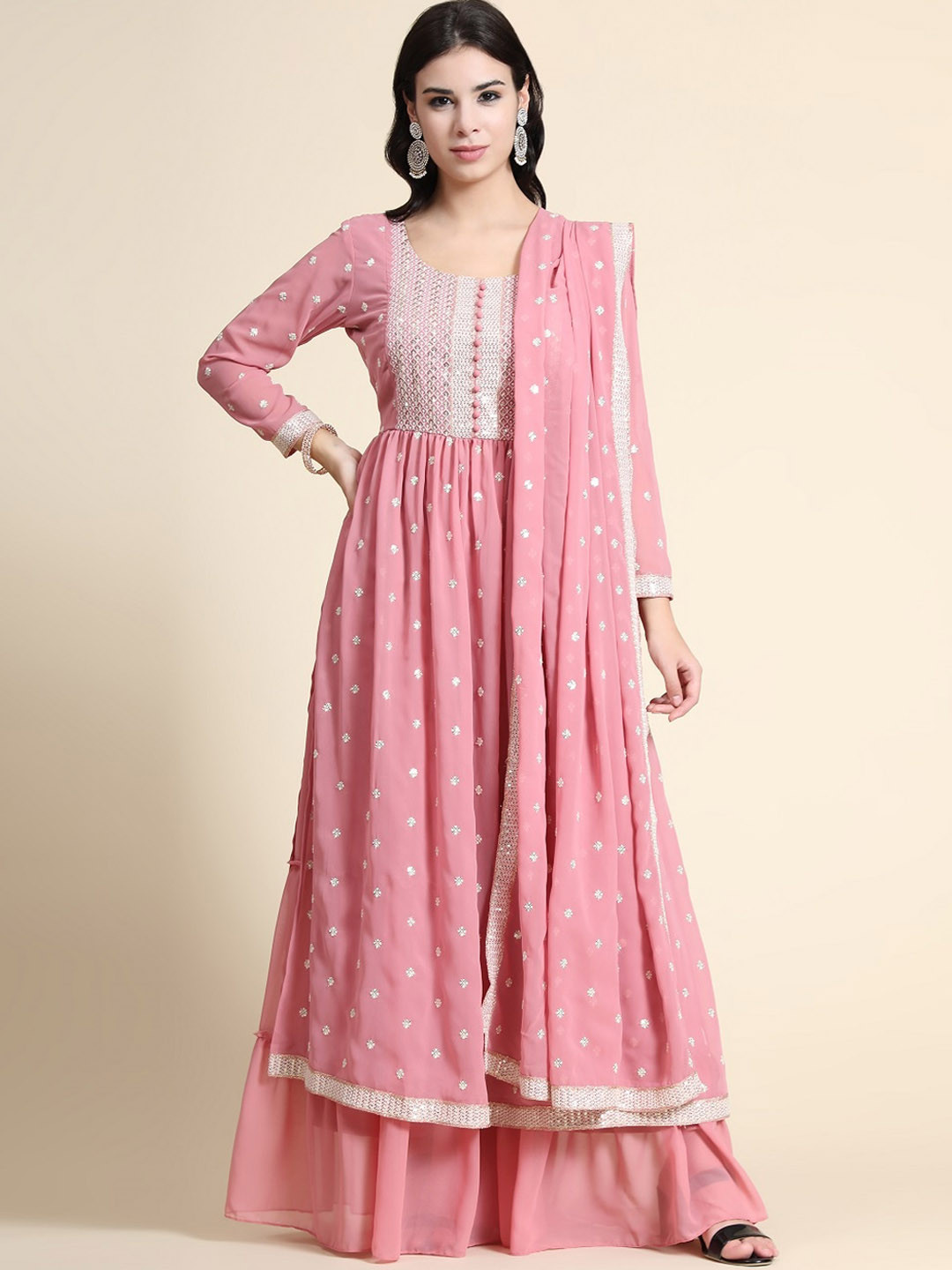 

BLACK SCISSOR Floral Embroidered Anarkali Kurta with Sharara & With Dupatta, Pink