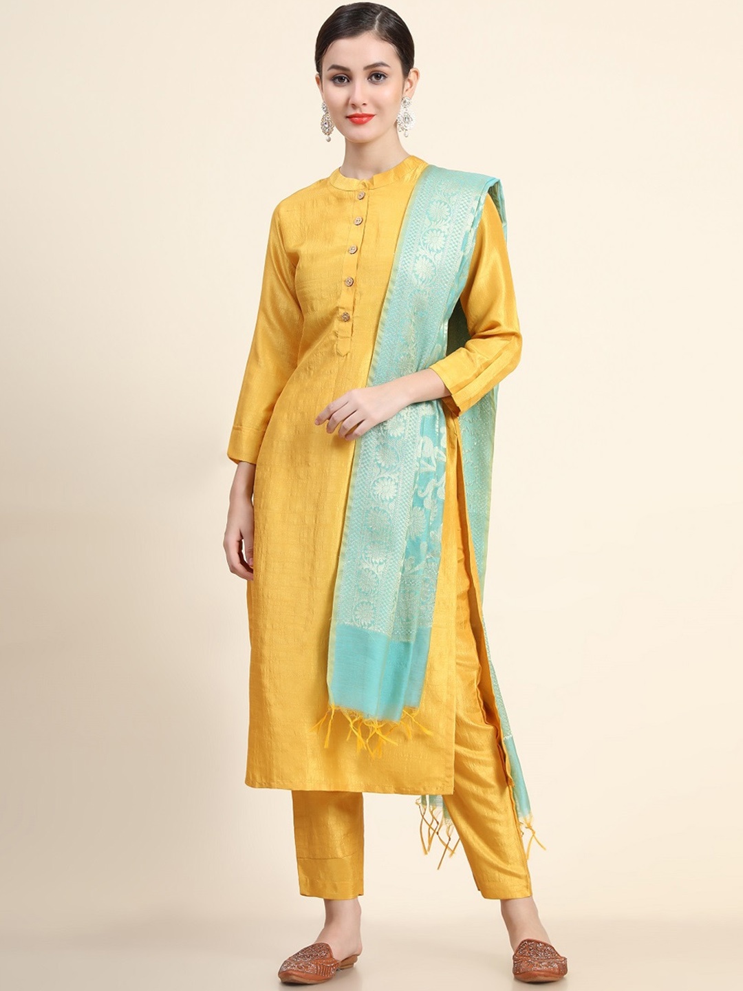 

BLACK SCISSOR Band Collar Straight Kurta With Trousers & Dupatta, Yellow