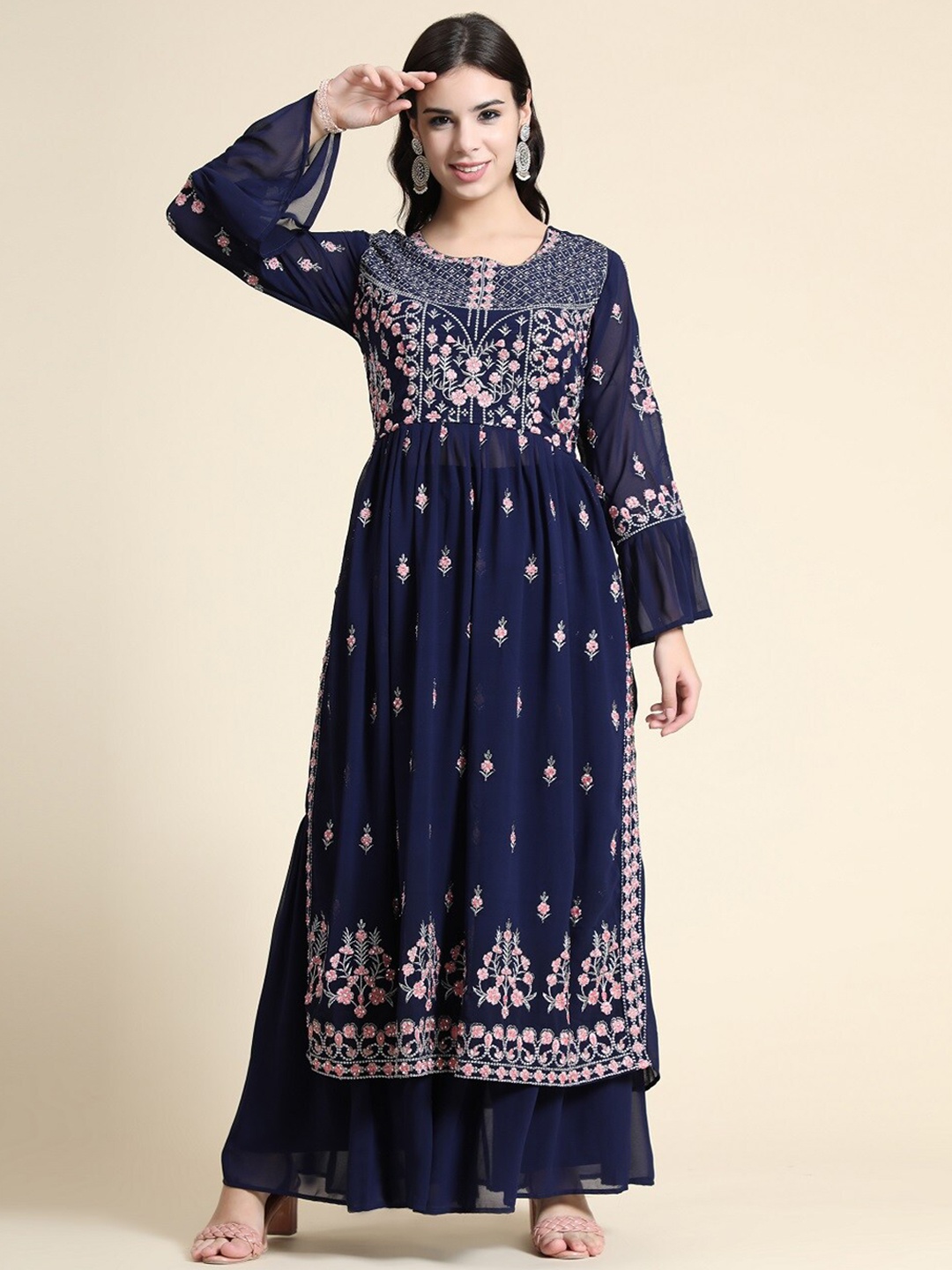 

BLACK SCISSOR Floral Embroidered Thread Work Georgette Straight Kurta With Sharara, Navy blue