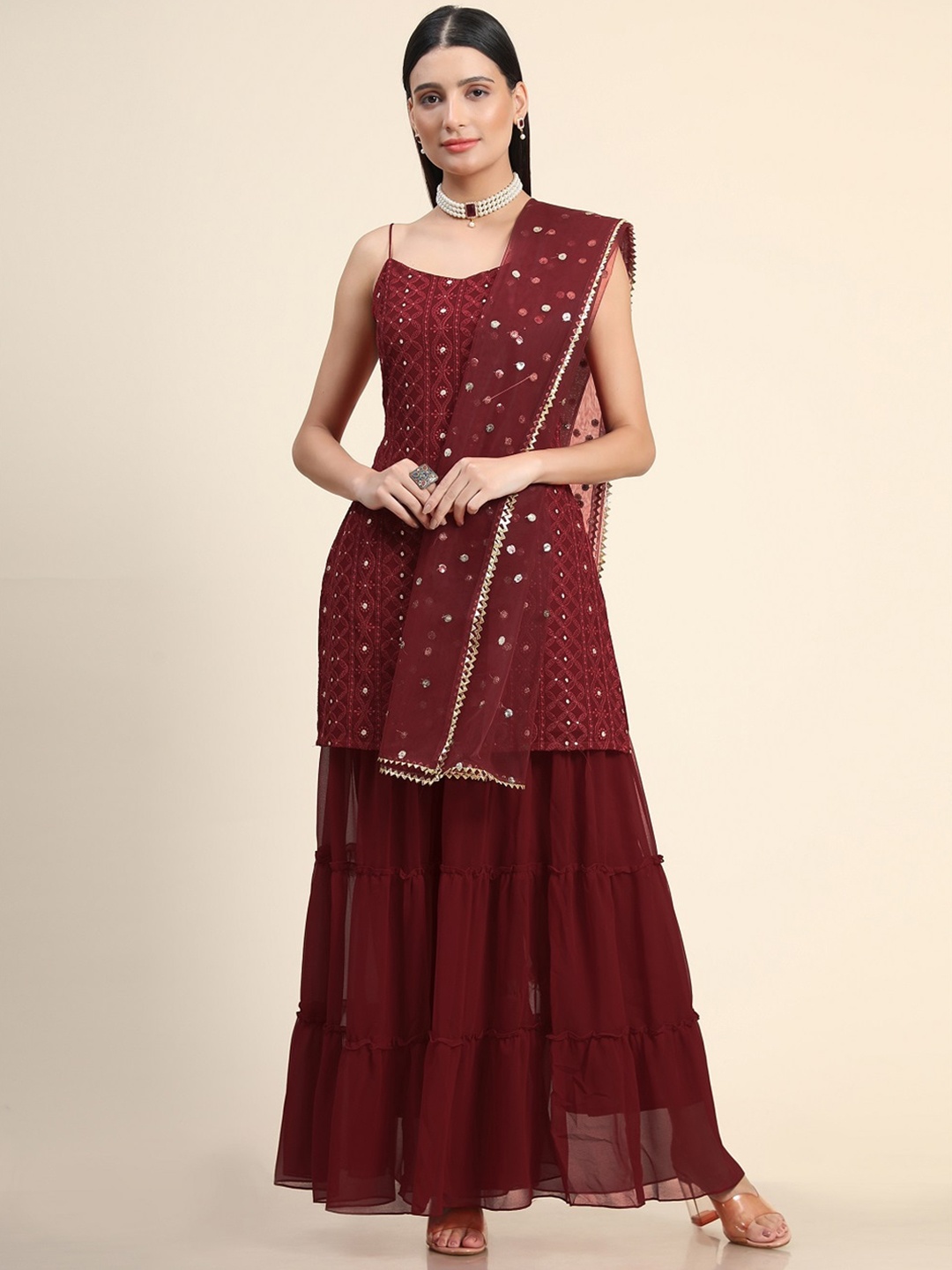 

BLACK SCISSOR Ethnic Motifs Embroidered Sequinned Georgette Kurta & Sharara With Dupatta, Maroon