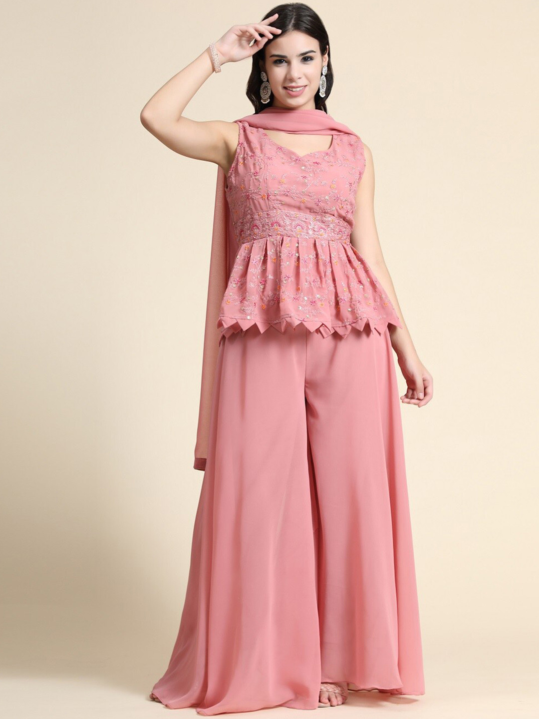 

BLACK SCISSOR Ethnic Motifs Embroidered Thread Work A-Line Top & Sharara With Dupatta, Pink