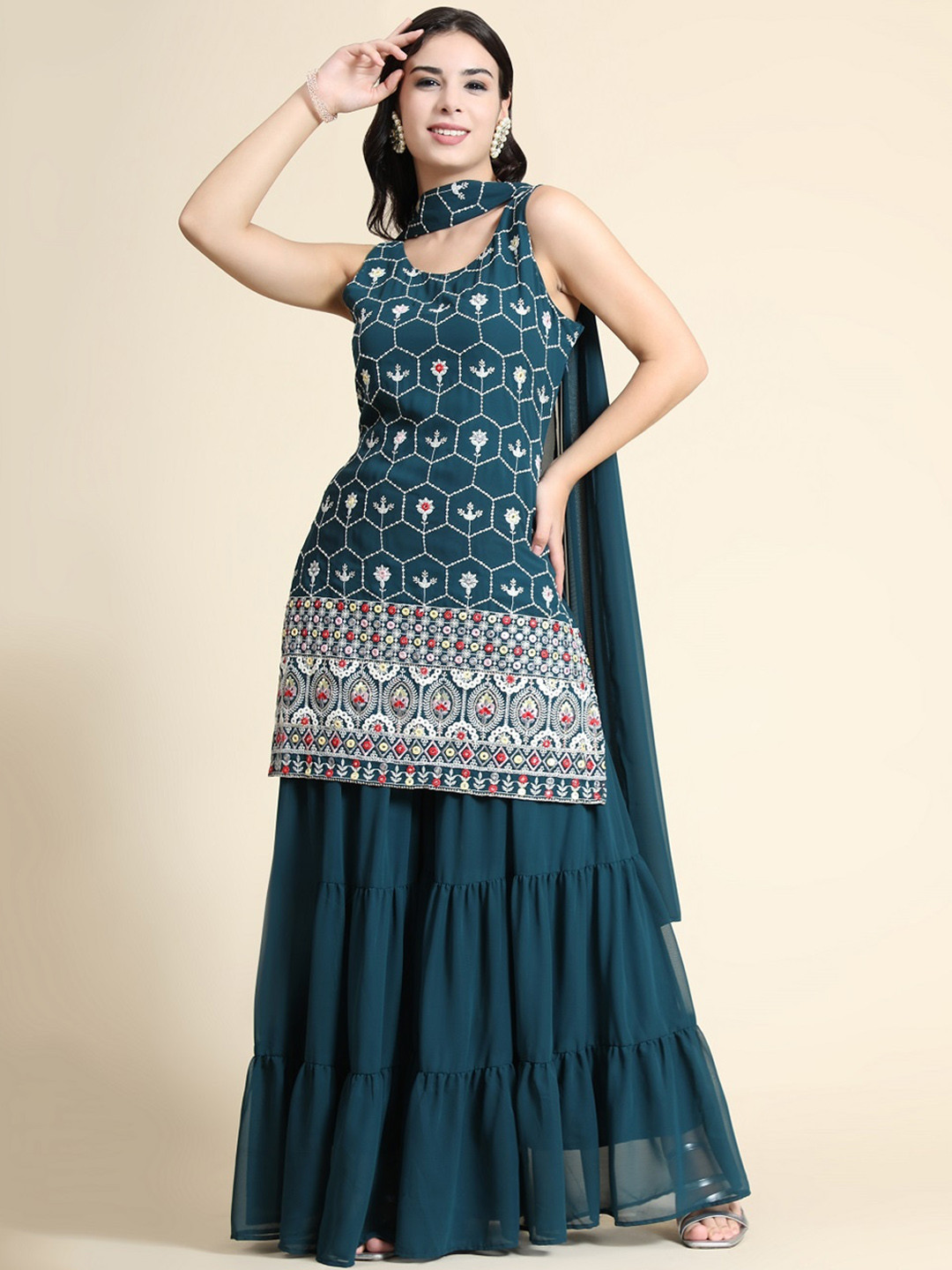 

BLACK SCISSOR Ethnic Motifs Embroidered Thread Work Straight Kurta & Sharara With Dupatta, Teal