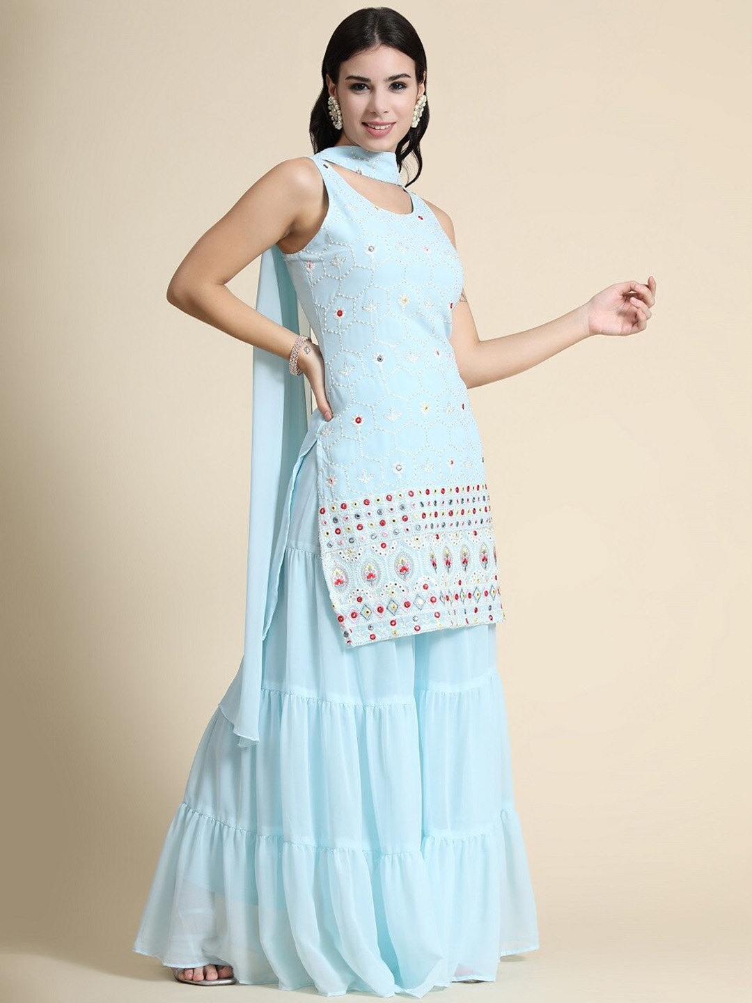 

BLACK SCISSOR Ethnic Motifs Embroidered Thread Work Straight Kurta & Sharara With Dupatta, Blue