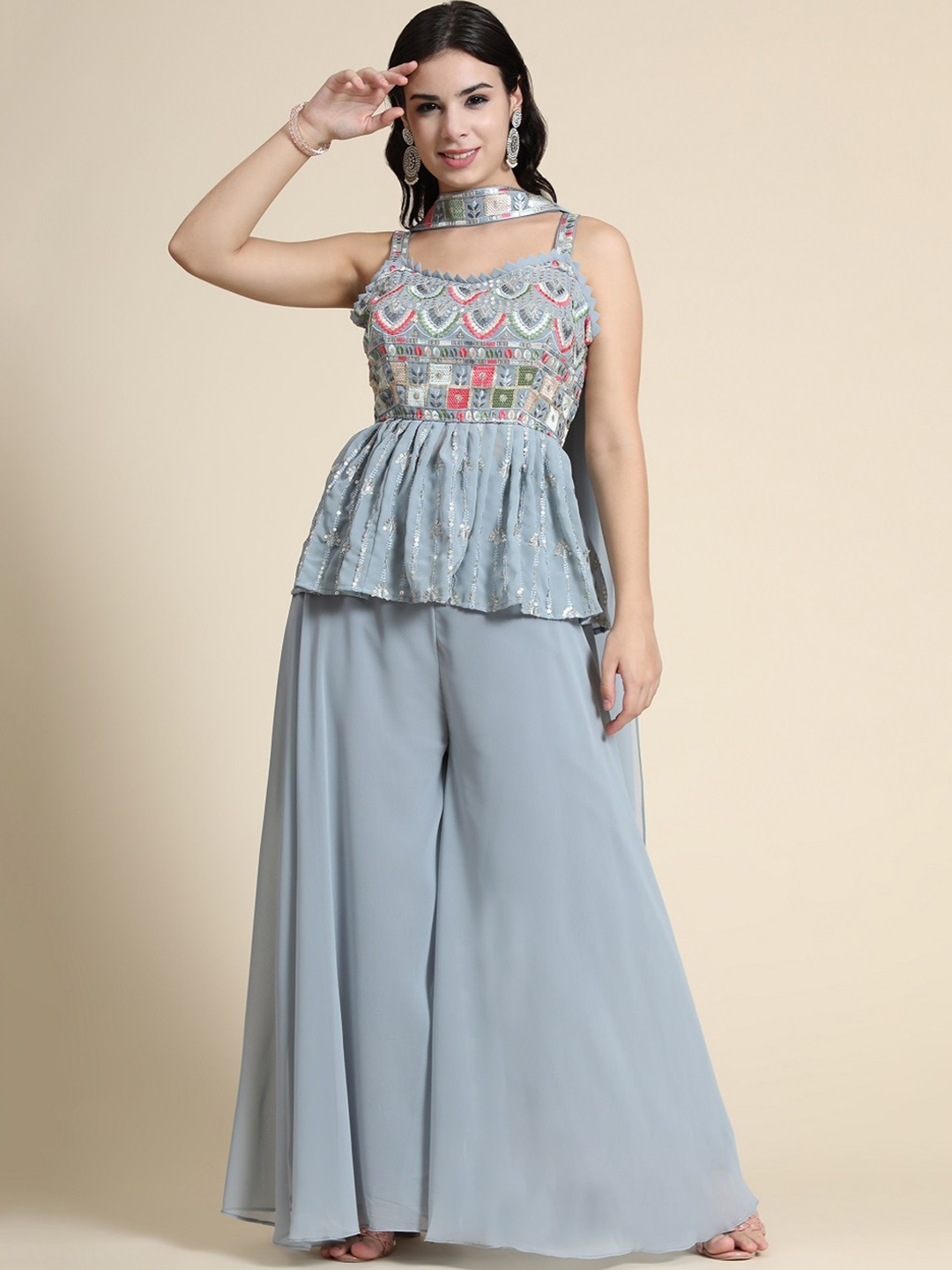 

BLACK SCISSOR Ethnic Motifs Embroidered Georgette A Line Kurti With Palazzos & Dupatta, Grey
