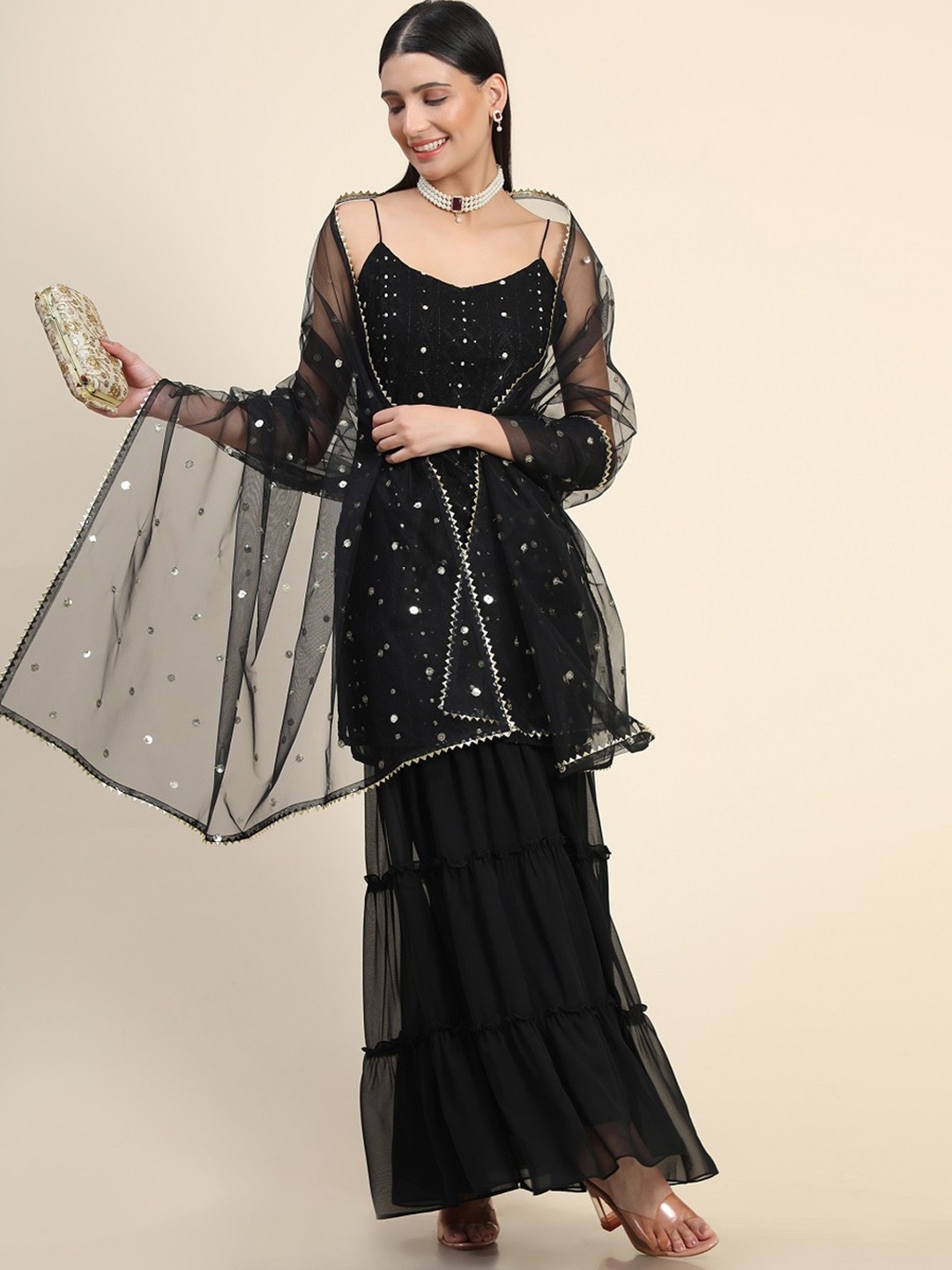 

BLACK SCISSOR Ethnic Motifs Embroidered Georgette A Line Kurta With Sharara & Dupatta
