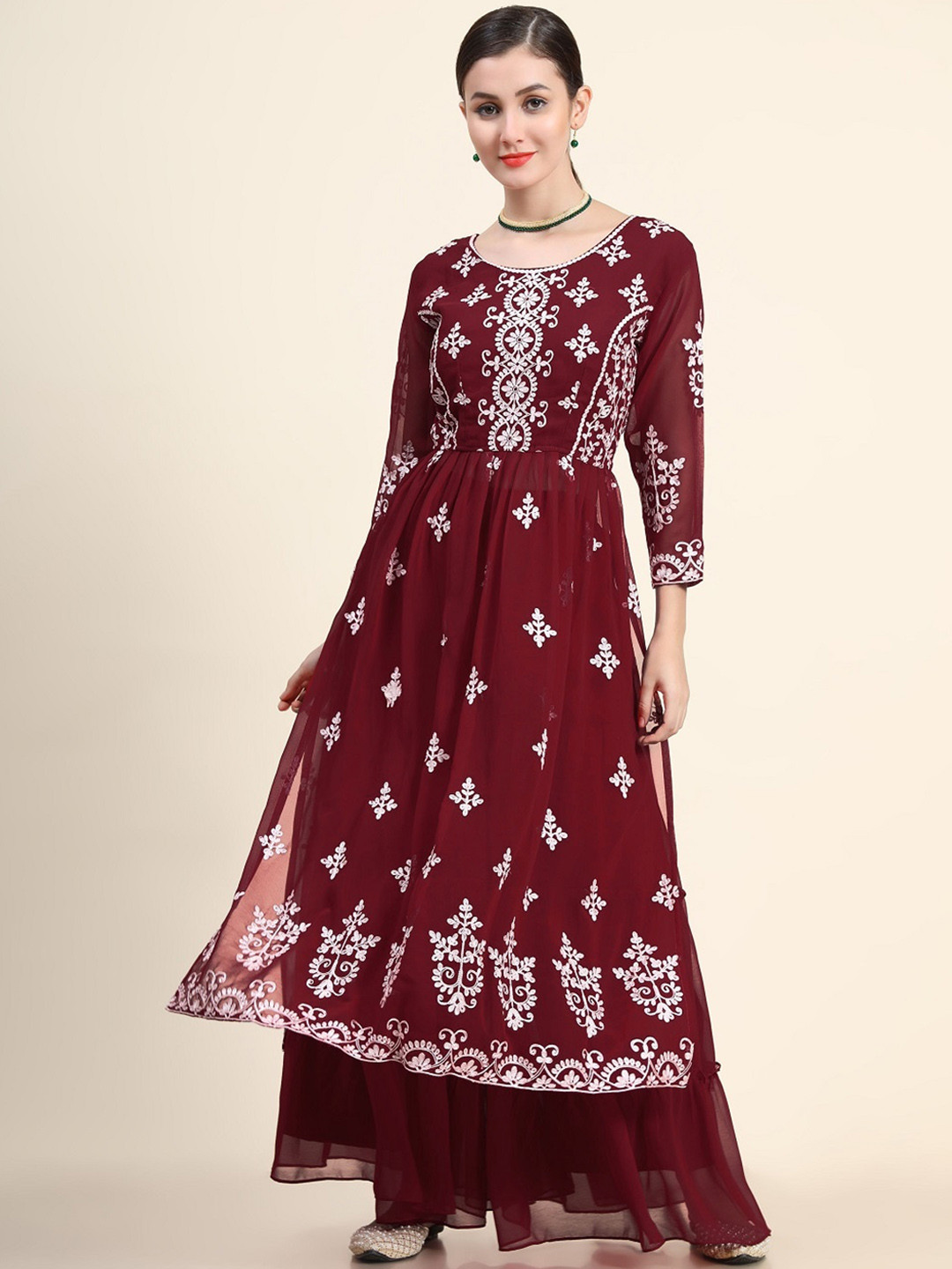 

BLACK SCISSOR Ethnic Motifs Embroidered Georgette A Line Kurta With Sharara, Maroon
