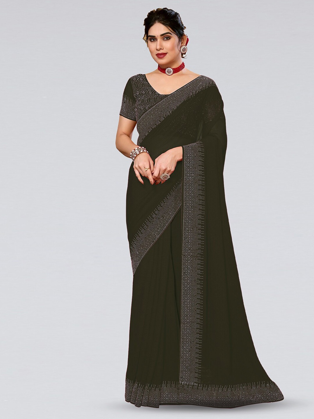 

Mitera Beads & Stones Embellished Border Saree, Olive
