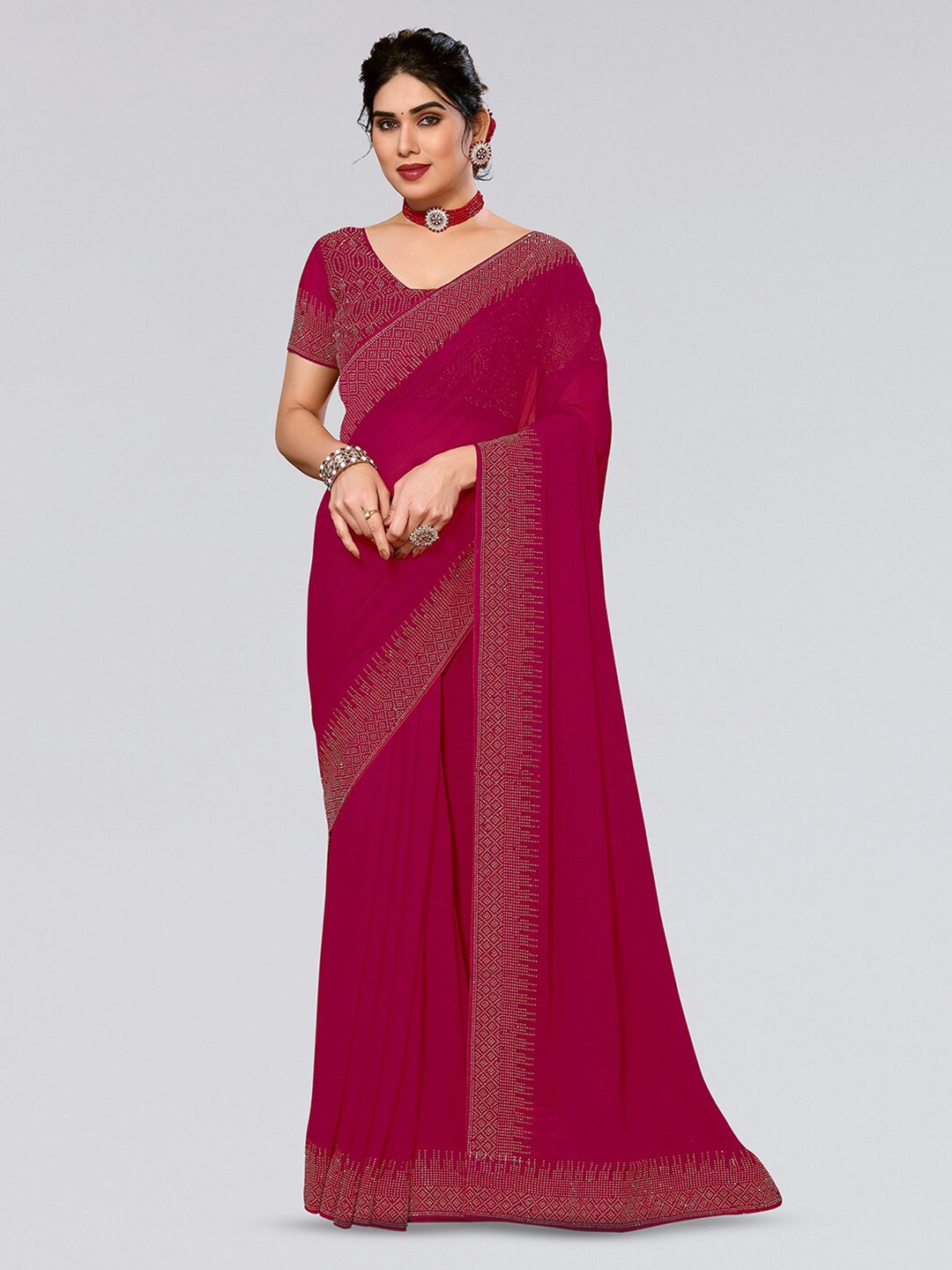 

Mitera Pink & Silver-Toned Stones Embellished Saree