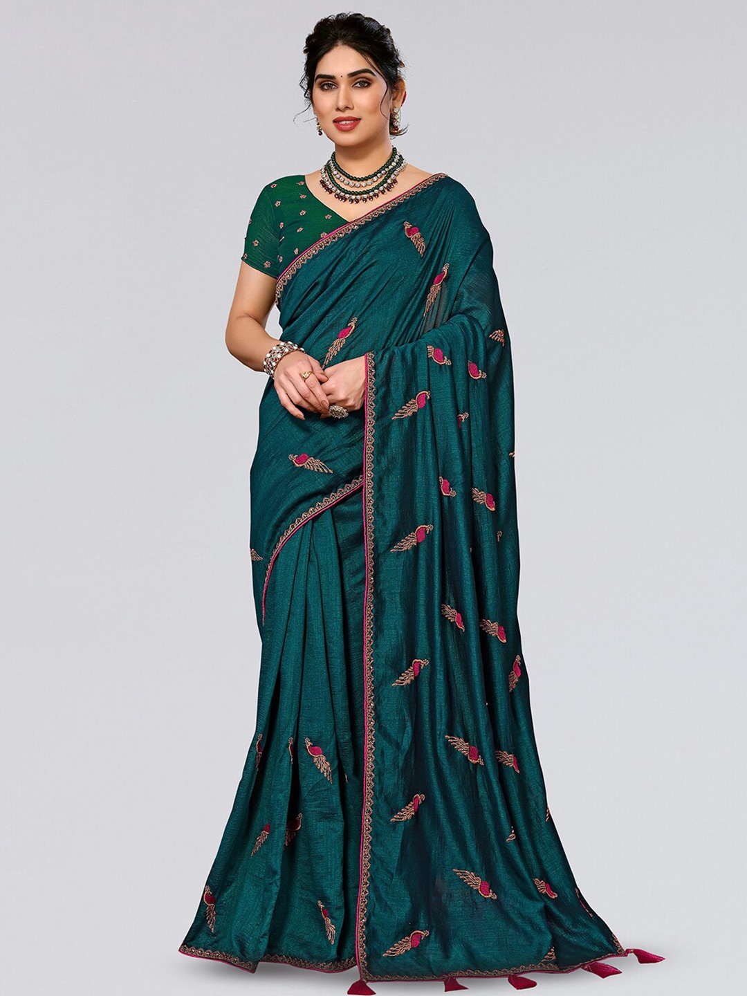 

Mitera Ethnic Motifs Embroidered Beads & Stones Saree, Teal