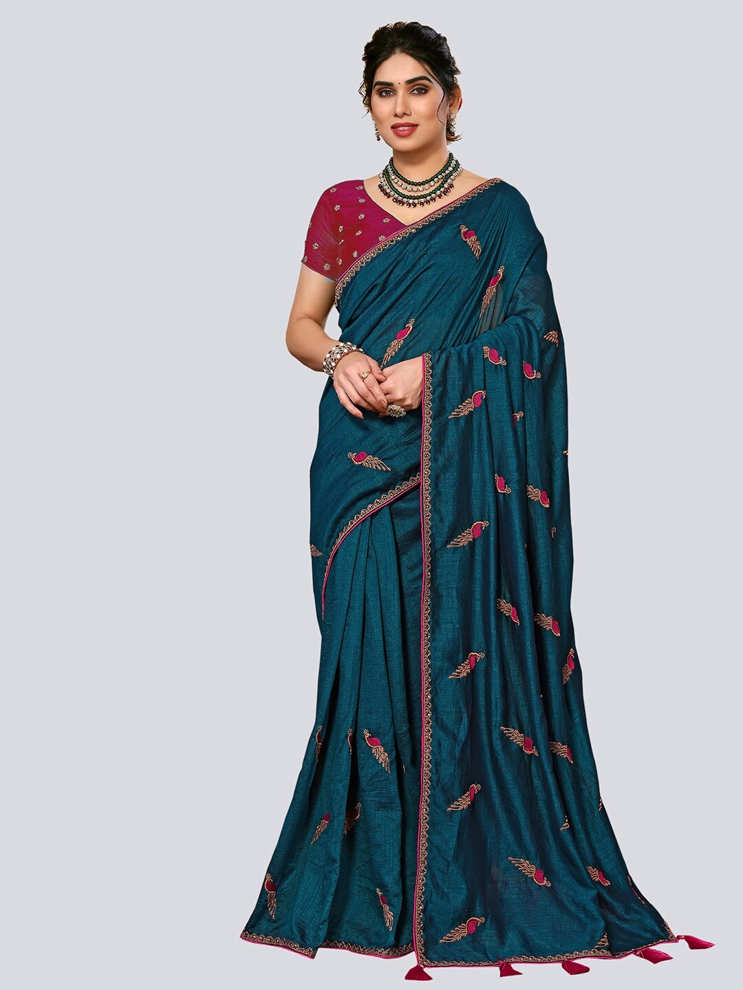 

Mitera Navy Blue & Pink Ethnic Motifs Embroidered Art Silk Saree