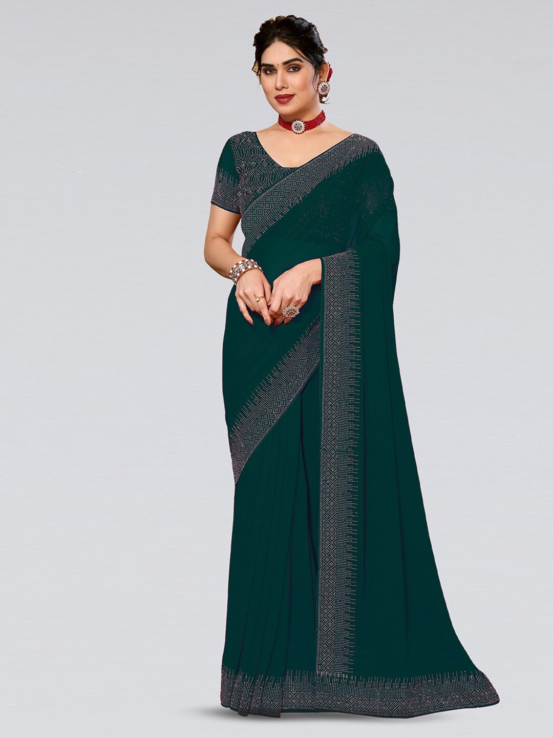 

Mitera Green & Silver-Toned Beads and Stones Poly Georgette Saree
