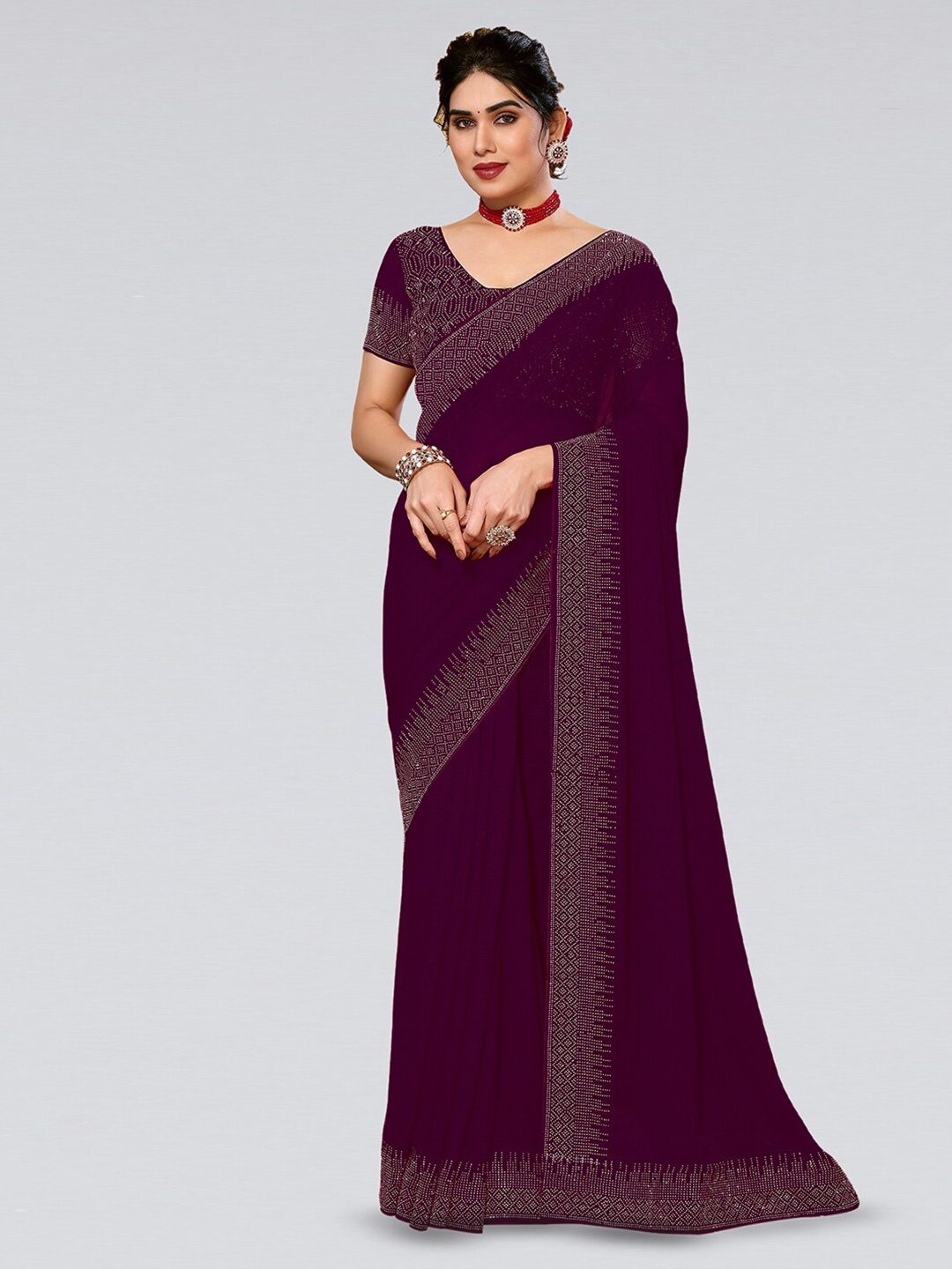 

Mitera Purple & Silver-Toned Stones Embellished Saree