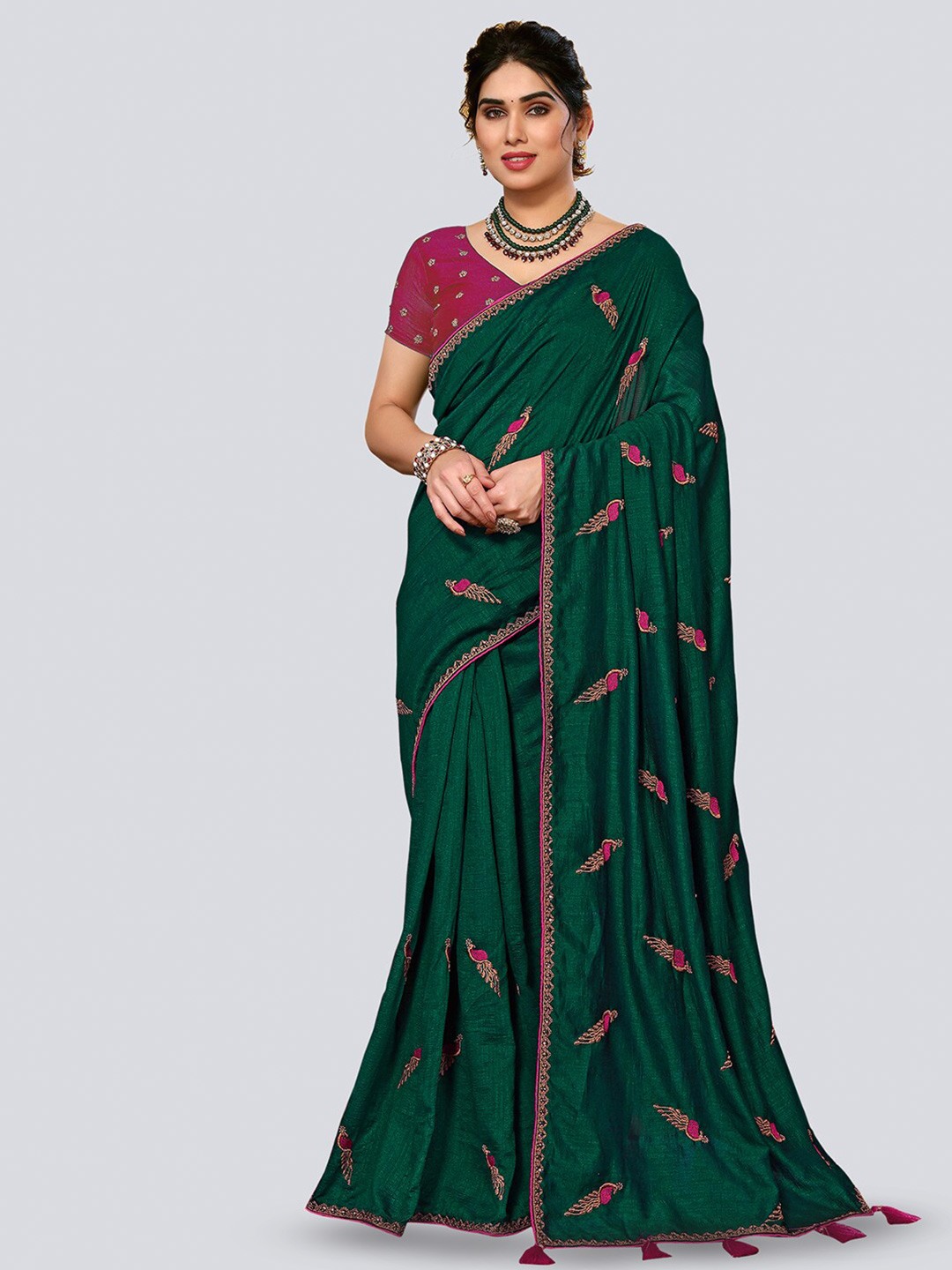 

Mitera Ethnic Motifs Beads Embroidered and Stones Art Silk Saree, Green