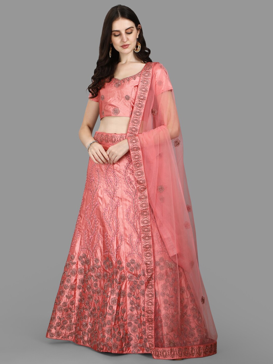 

PMD Fashion Embroidered Satin Thread Work Ready To Wear Lehenga & Blouse With Dupatta, Pink