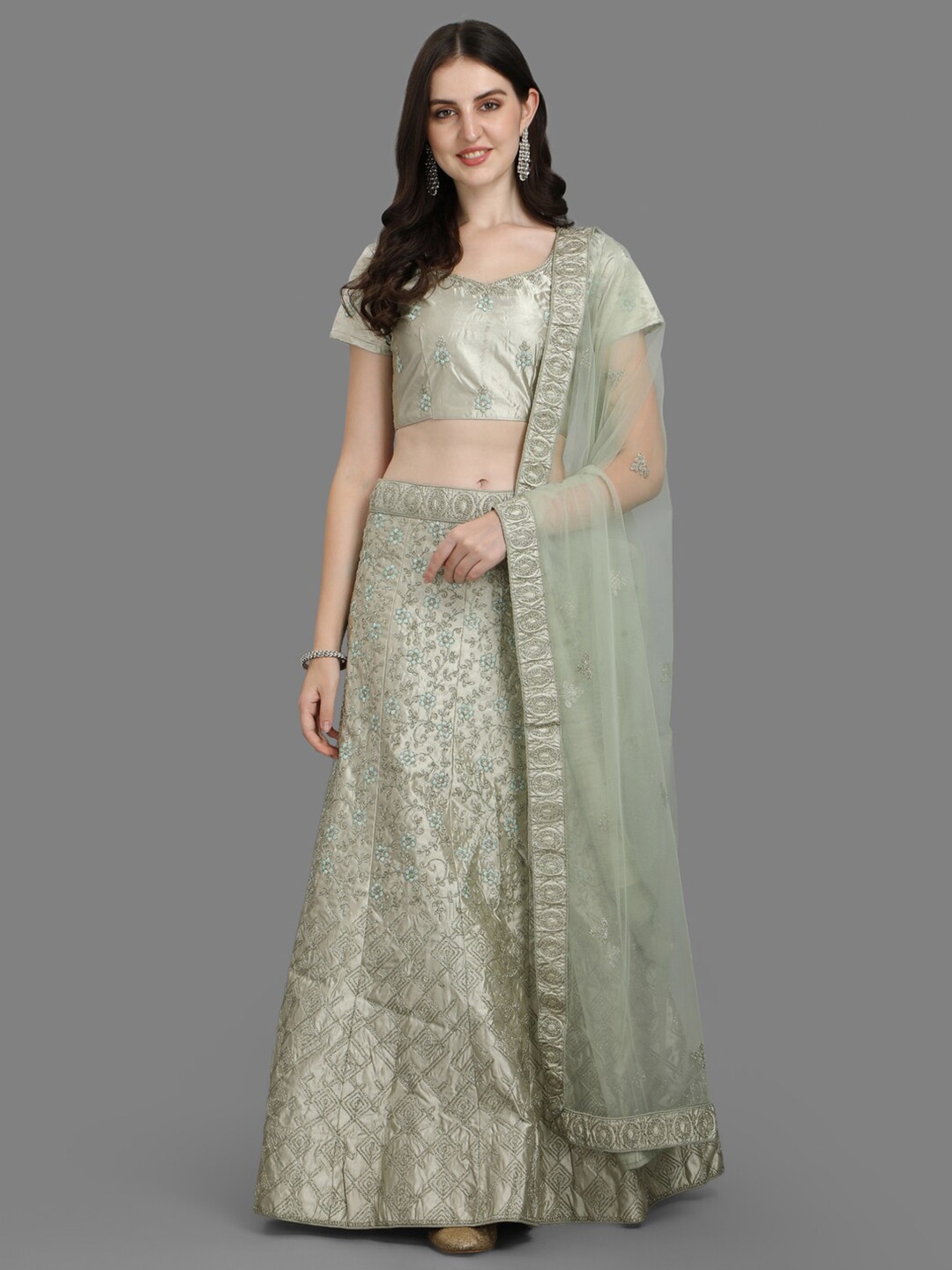 

PMD Fashion Floral Embroidered Ready to Wear Satin Lehenga & Blouse With Dupatta, Lime green