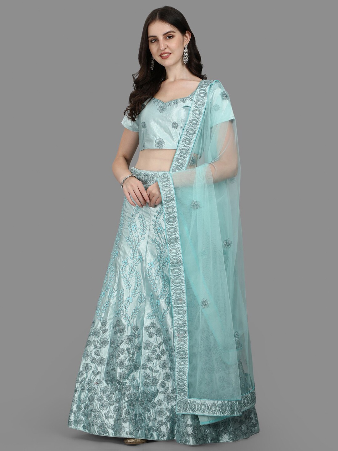 

PMD Fashion Embroidered Thread Work Satin Ready to Wear Lehenga & Blouse With Dupatta, Blue