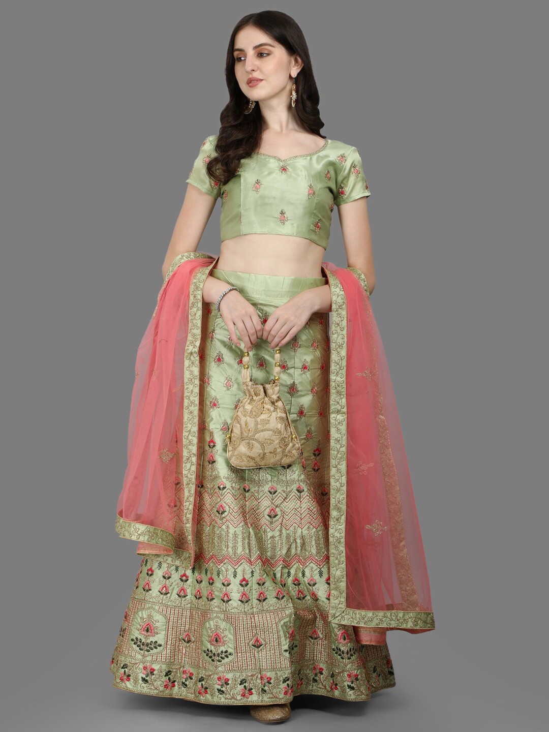 

PMD Fashion Embroidered Tie and Dye Ready to Wear Lehenga & Blouse Dupatta, Green