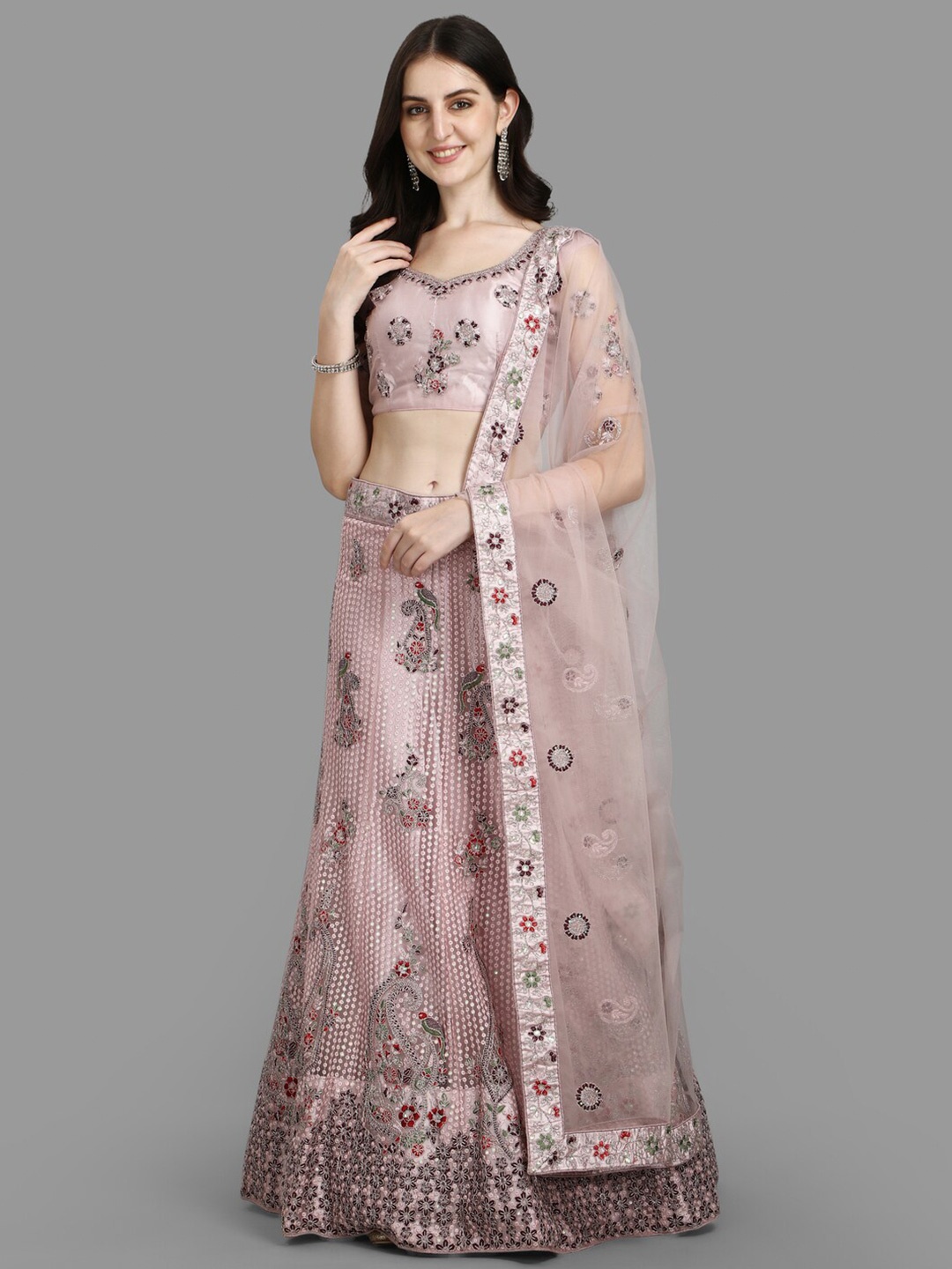 

PMD Fashion Floral Embroidered Sequinned Satin Ready to Wear Lehenga & Blouse With Dupatta, Pink